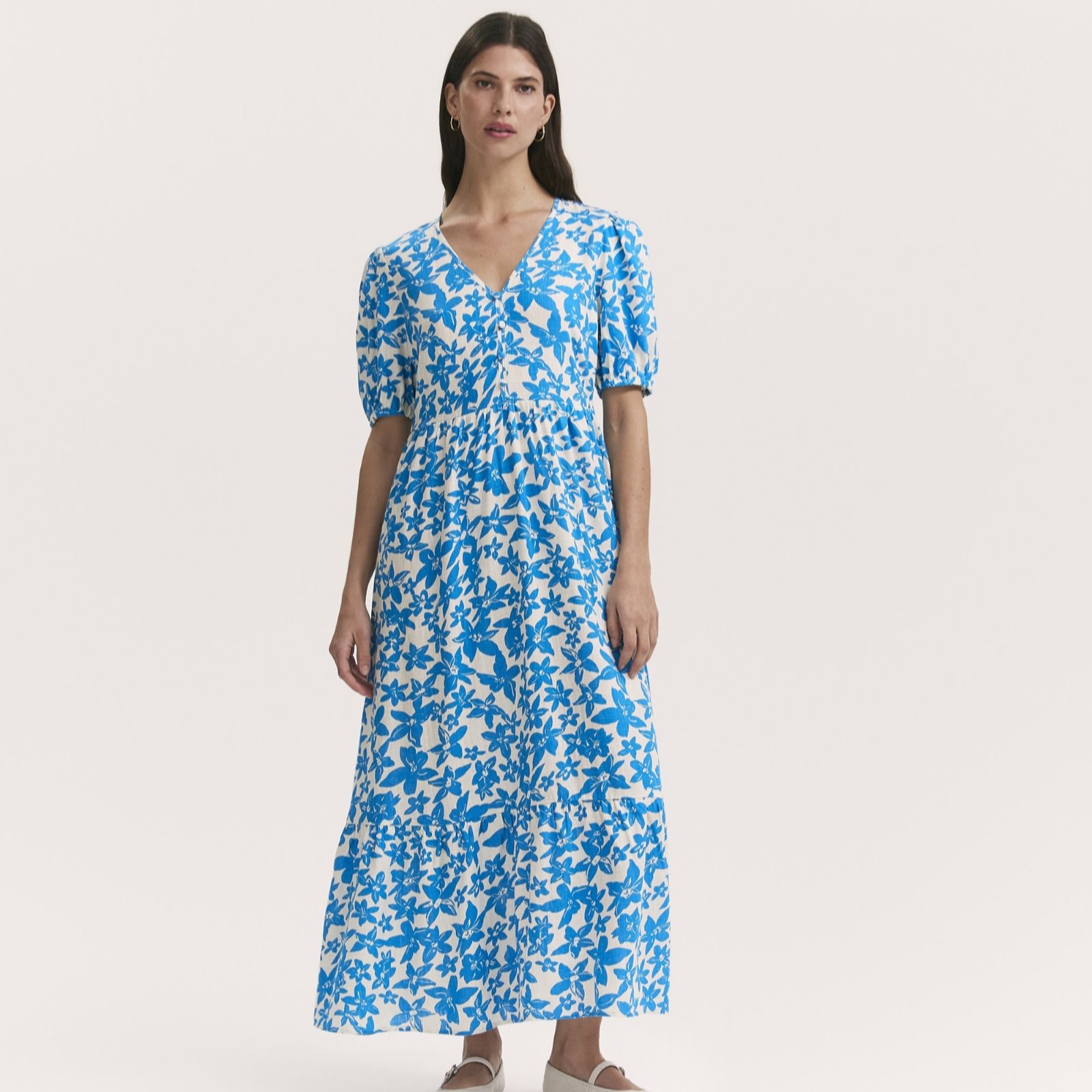 Finery London Sabine Blue Flower Print Dress with Button Detail women's