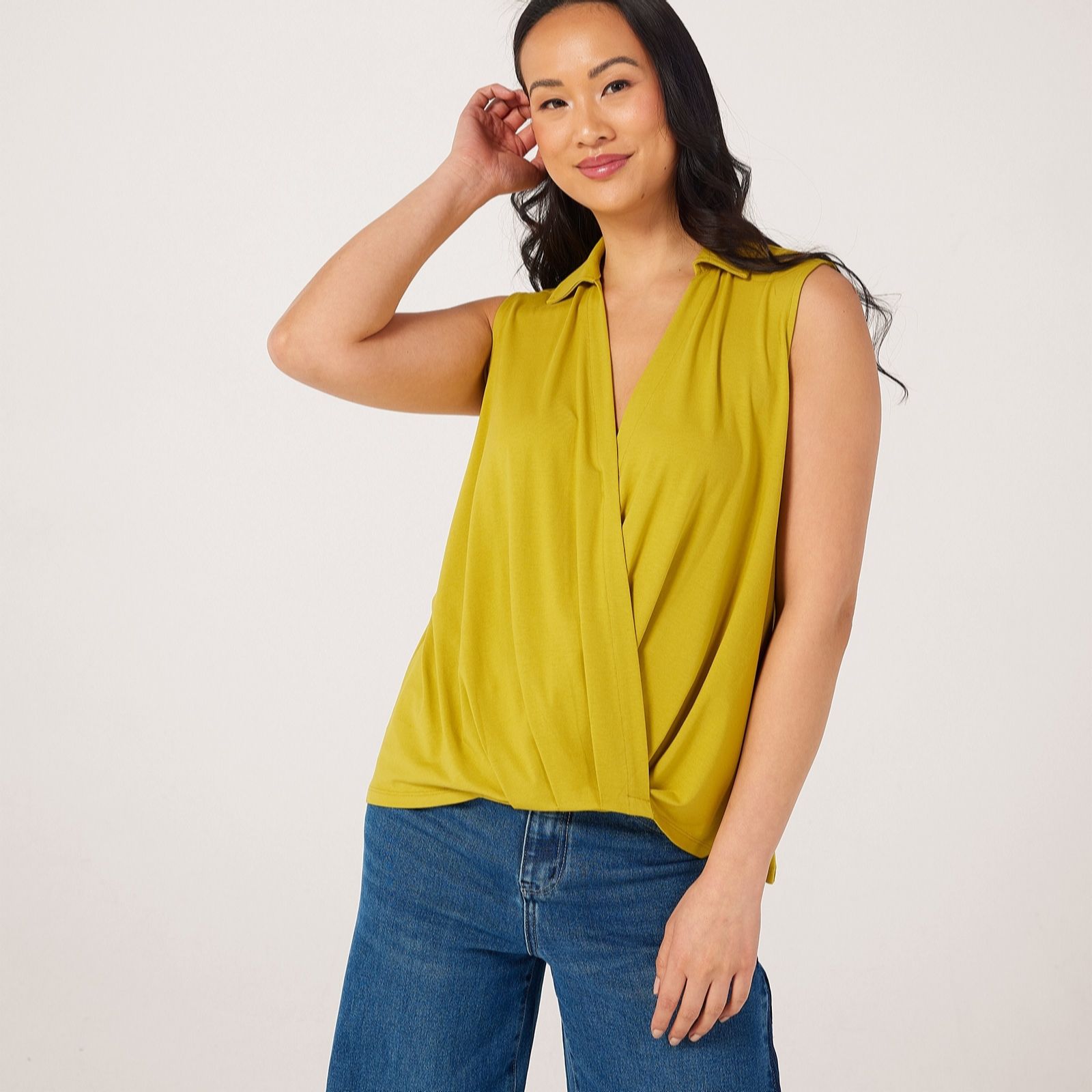 Marlawynne Chartreuse Layers Trioknit Sleeveless Collard Twist Top
