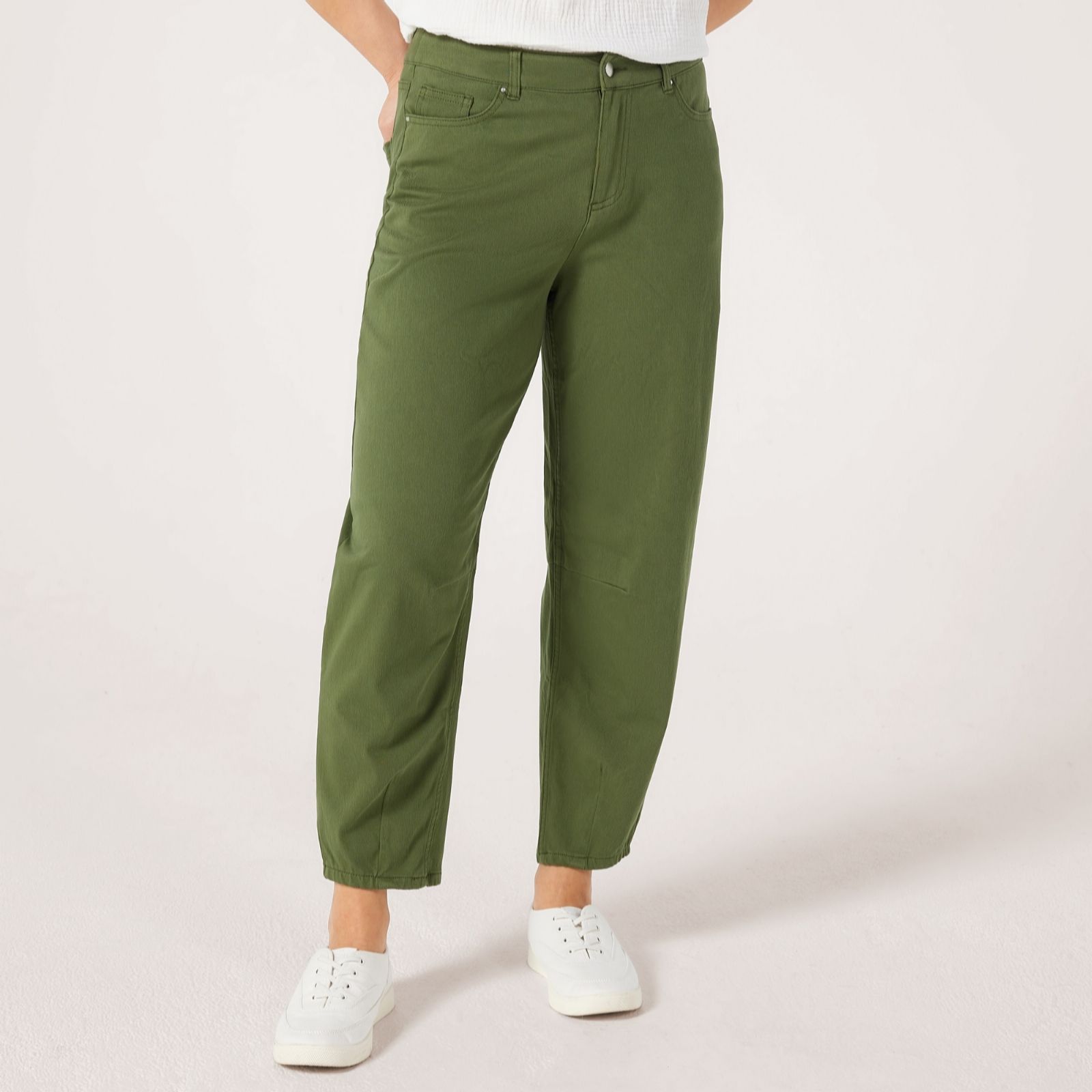 Denim & Co. Khaki Comfy Knit Denim Barrel Leg Trousers Petite