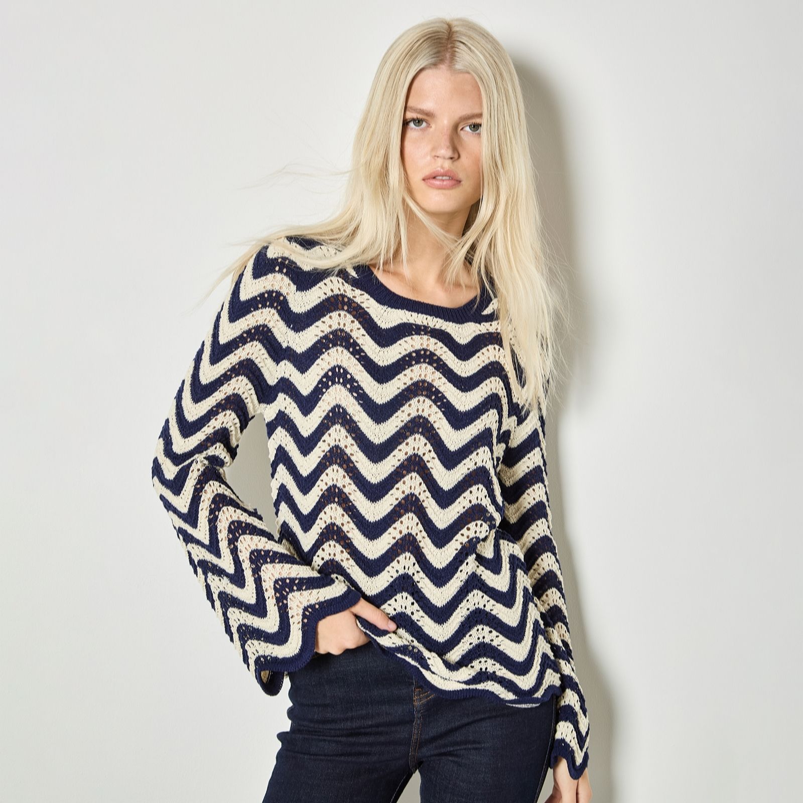 Apricot Navy Waves Illusion Pointelle Jumper