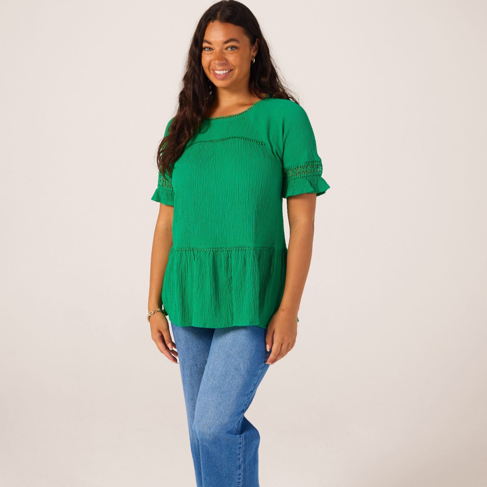 Nina Leonard Bright Green Ruffle Tiered Top
