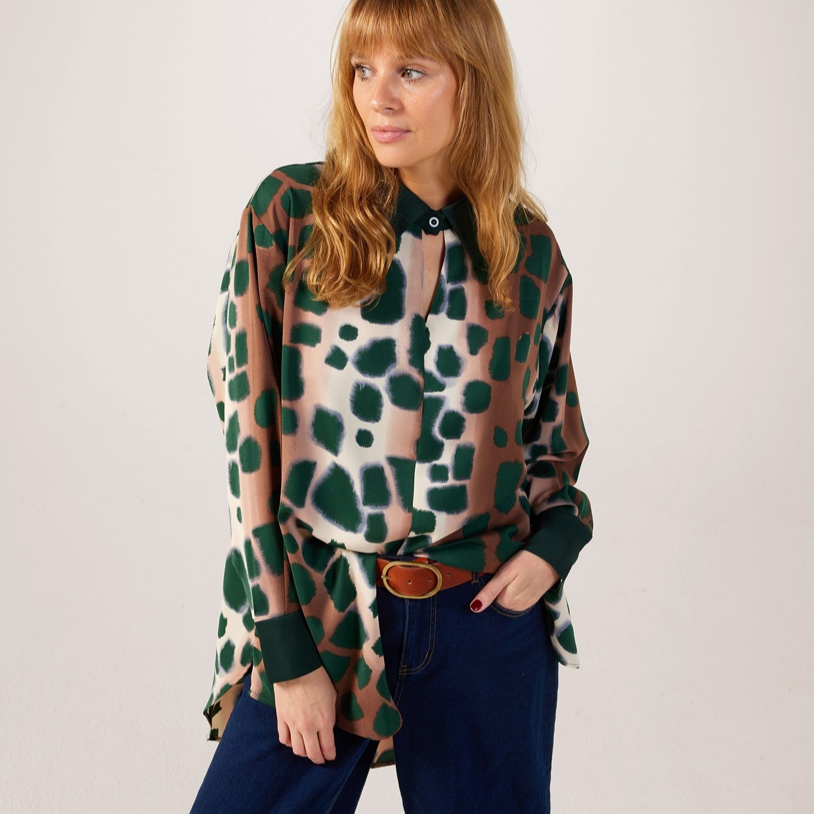 Frank Usher Long Animal Print Shirt with Contrast Collar and Cuff