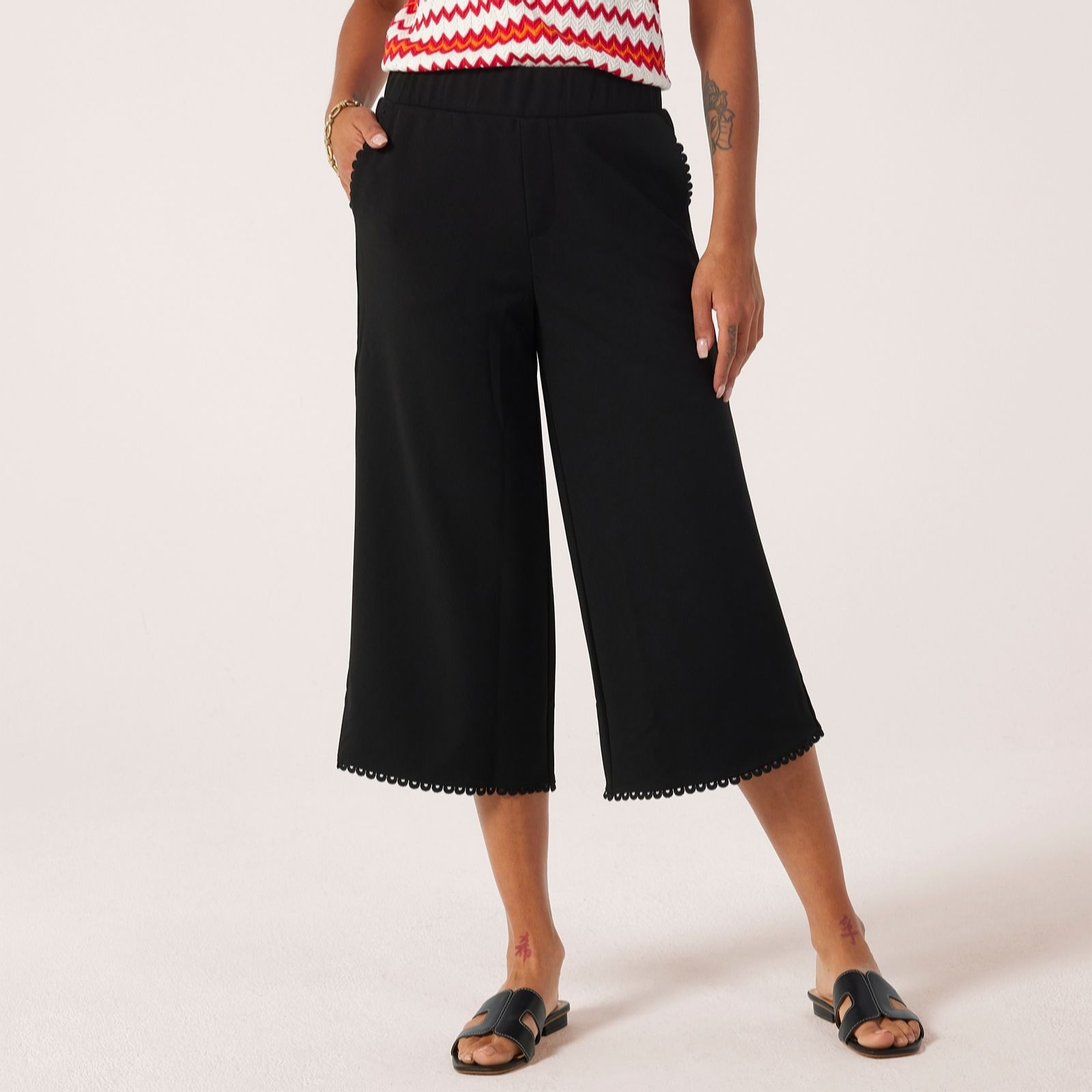 Nina Leonard Wide Leg Crop Trousers With Trim Edge Details women's