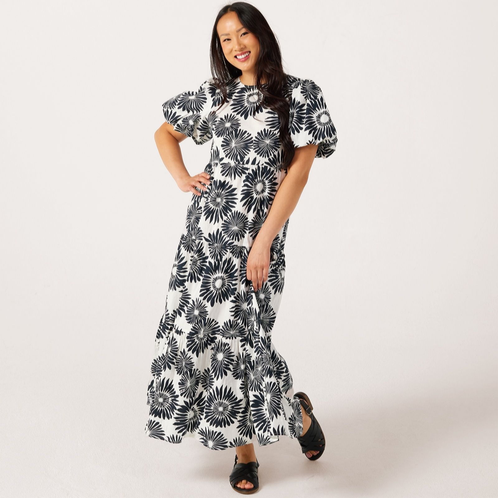 YAS Greena Puff Sleeve Tiered Midi Dress