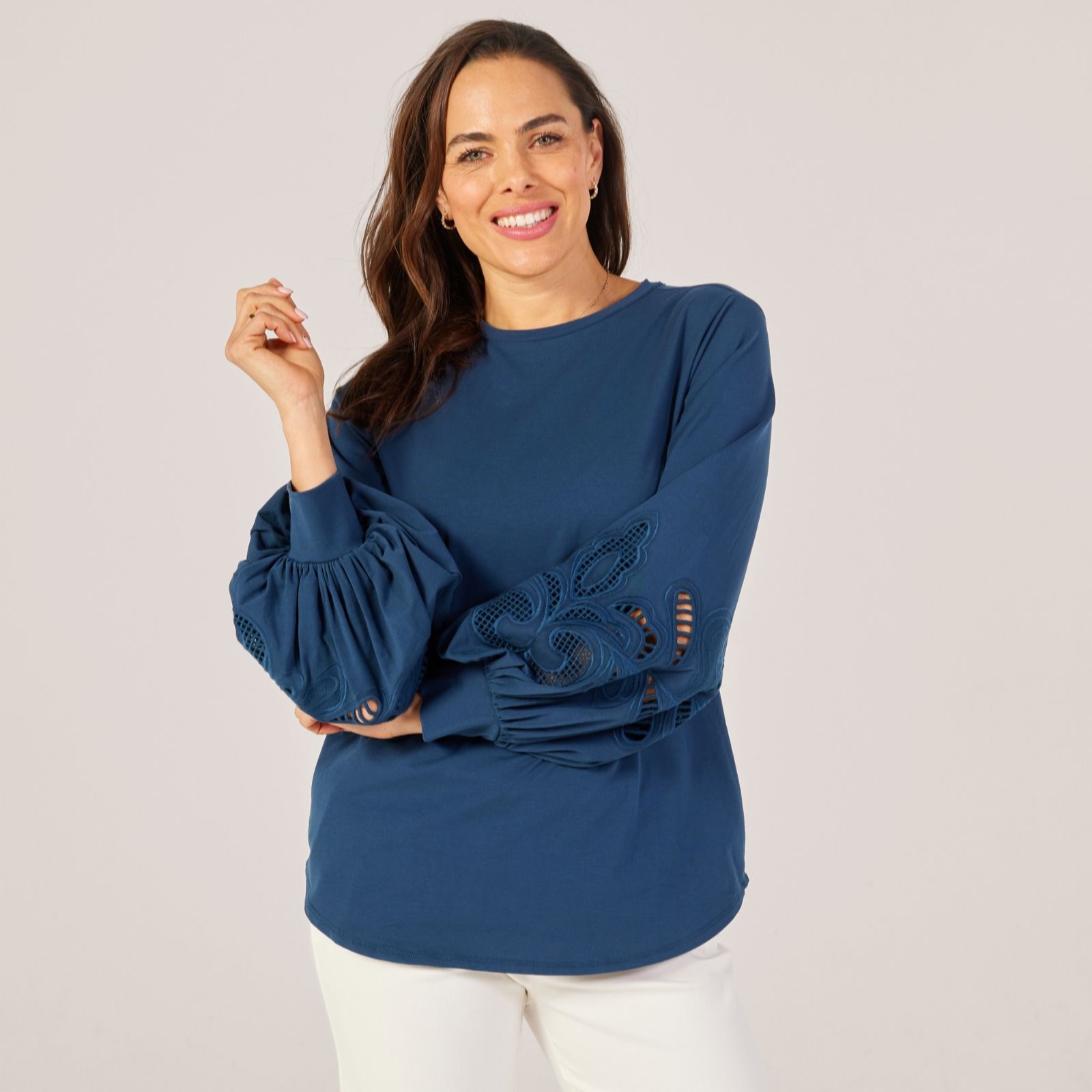Marlawynne Navy Collection Cotton Cloud Embroidered Sleeve Top