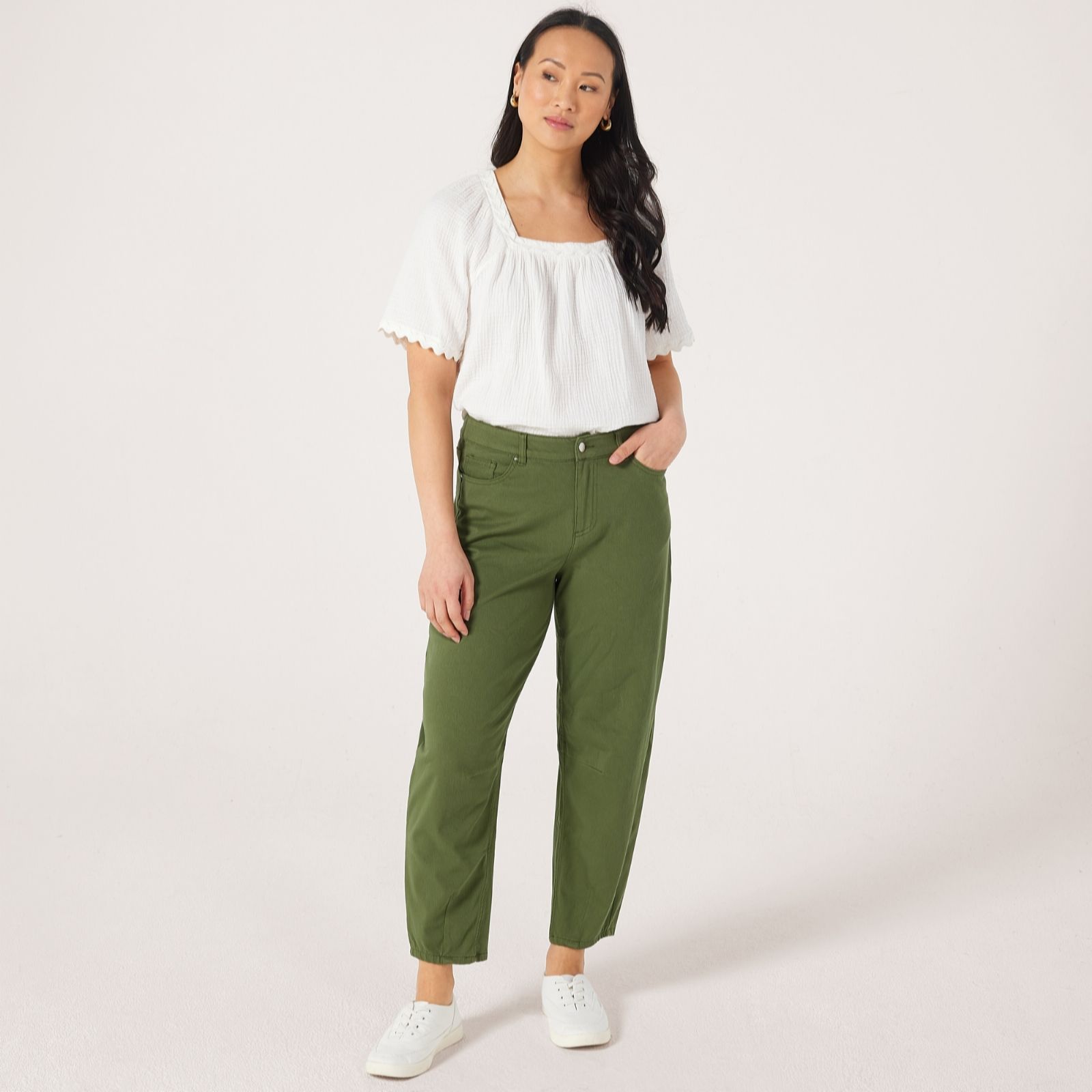 Denim & Co. Khaki Comfy Knit Denim Barrel Leg Trousers Standard