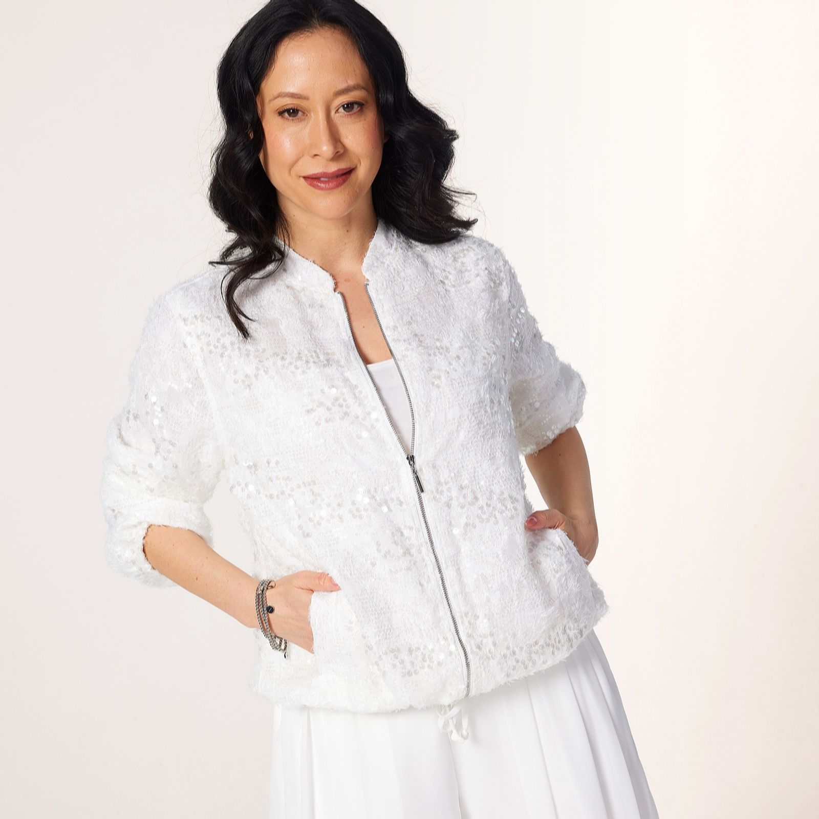 Marlawynne Black Collection Embellished Chiffon Bomber Jacket