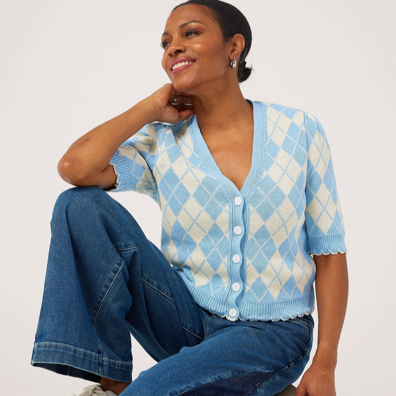 Helene Berman Blue Ivory Cotton Blend Argyle Knit Button Up Puff Knit Cardigan