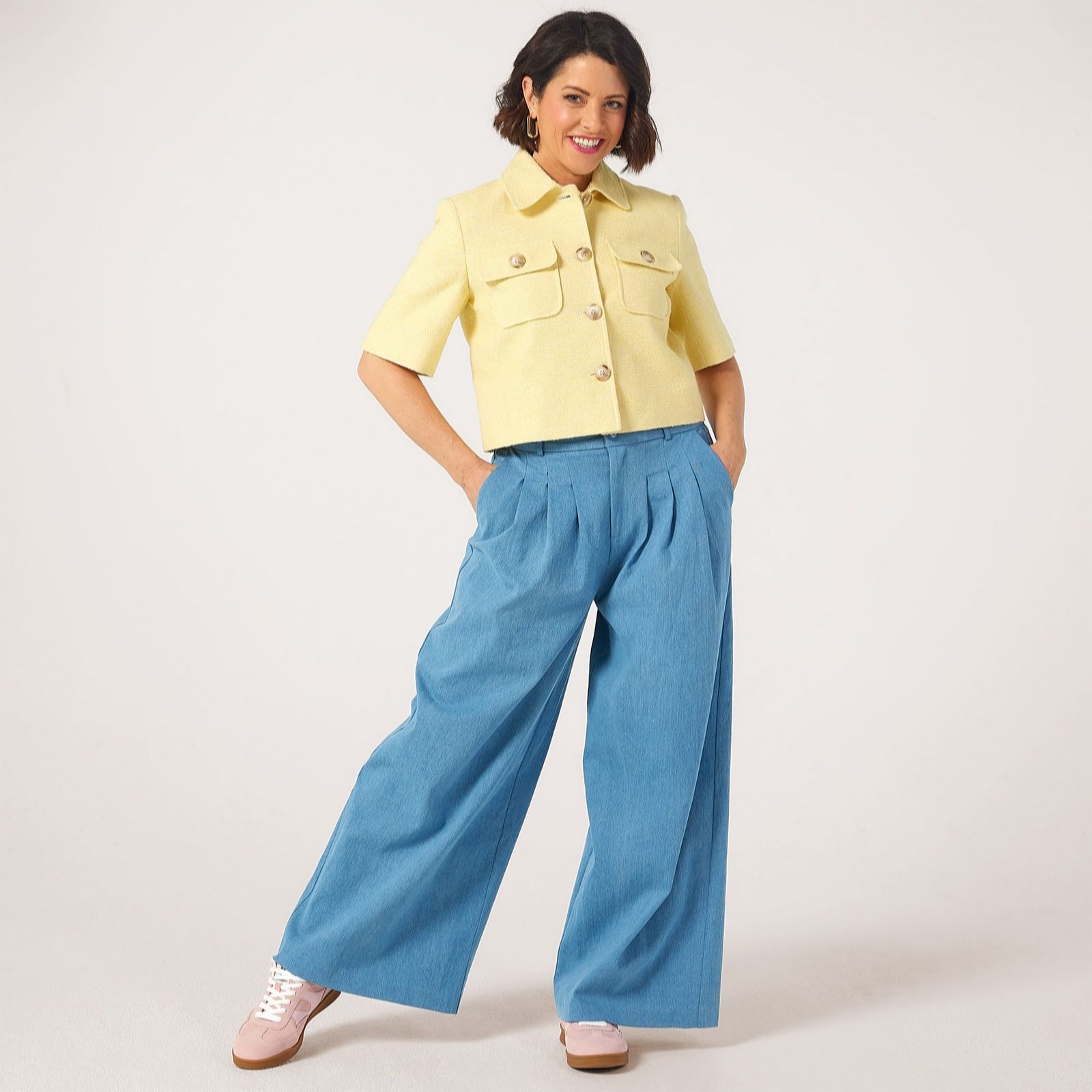 Helene Berman Dark Denim X Katy Pleated Denim Wide Leg Trousers With Stretch W...