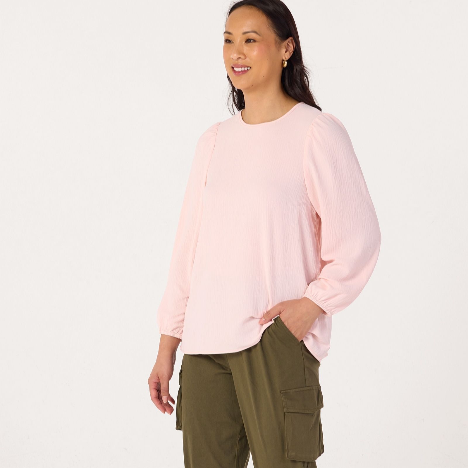 Kim & Co Crinkle Poplin Long Blouson Sleeve Top women's