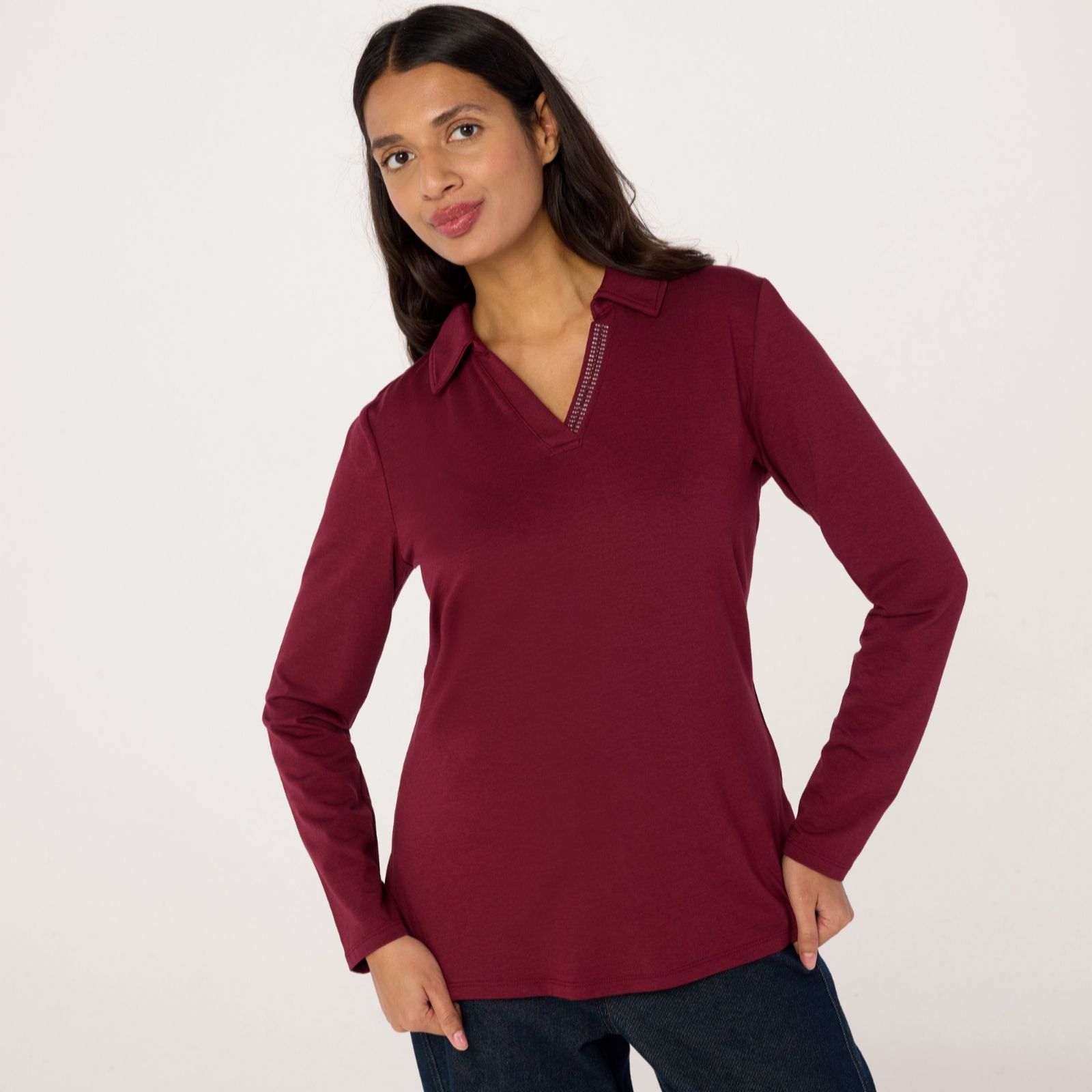 Denim & Co. Jersey Collared Long Sleeve Top with Embellishment