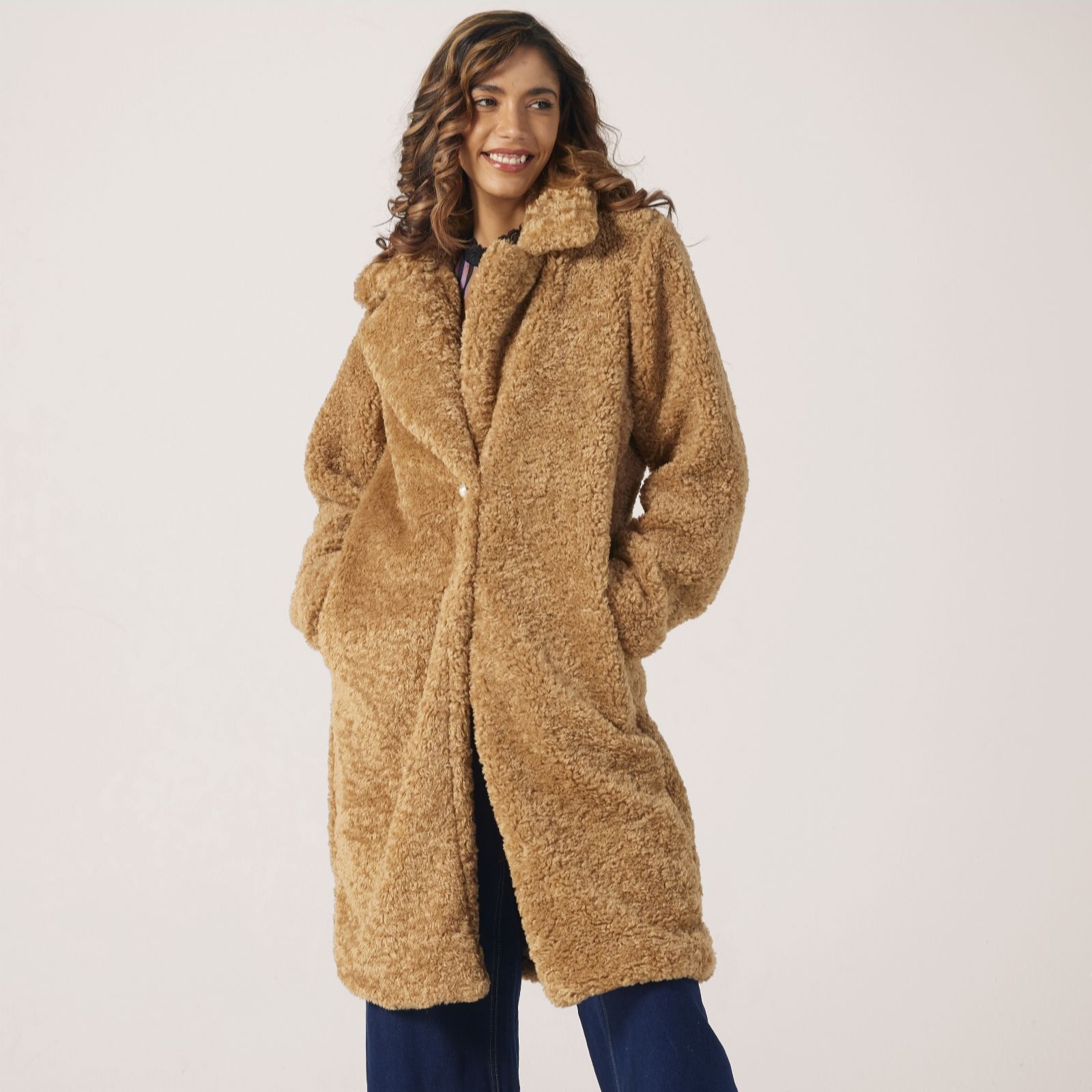 Nina Leonard Cafe Au Lait Faux Fur Long Coat With Hook & Eye Closure