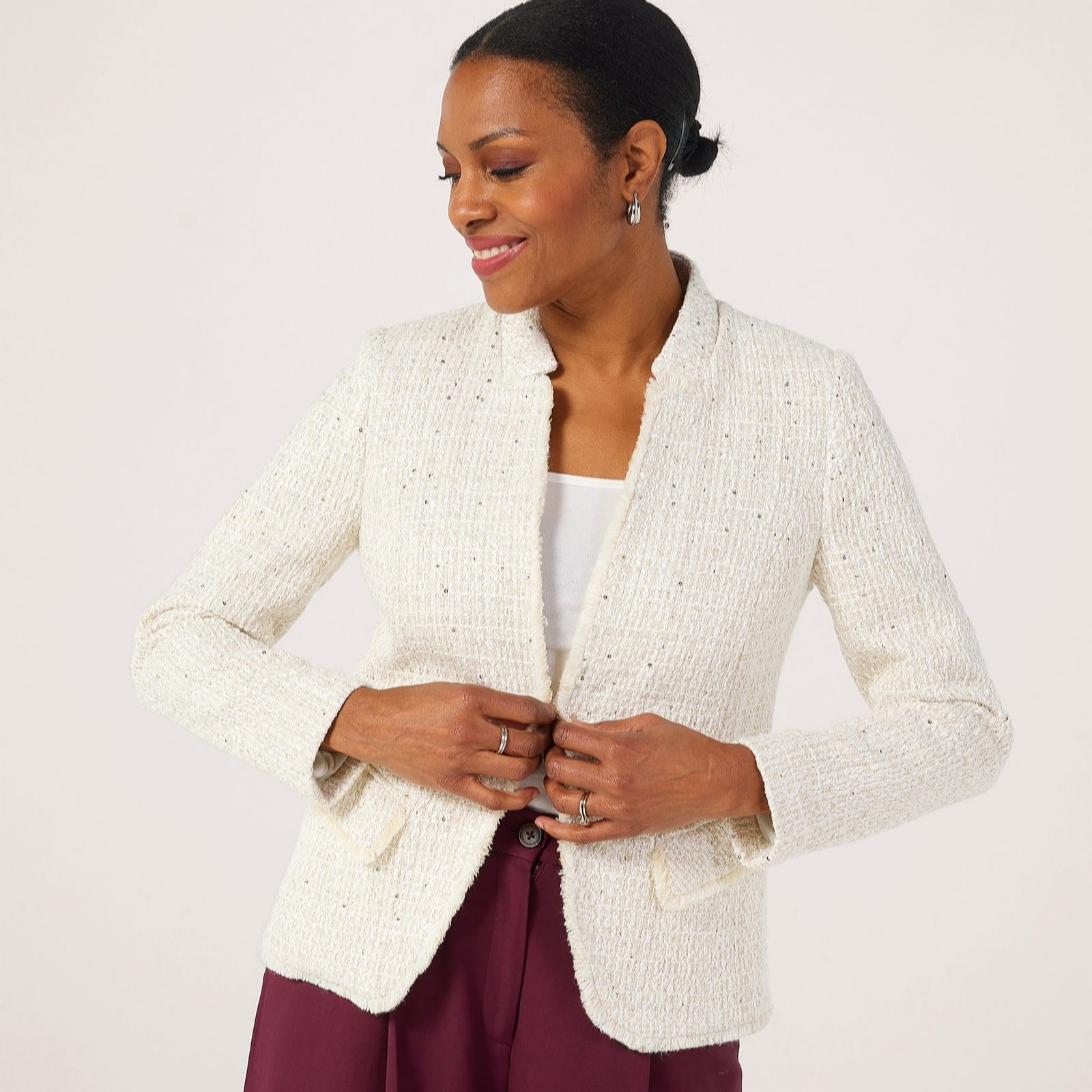 Helene Berman Ivory Sparkle Tweed Fitted Notch Collar Jacket