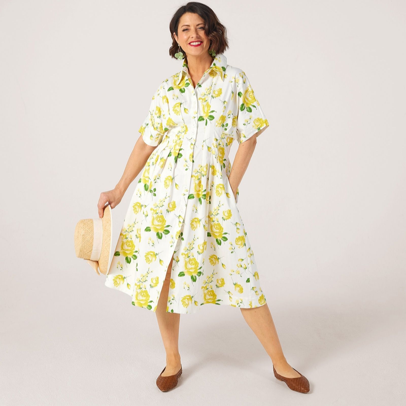 Helene Berman Pink Floral X Katy Pleated Waist Floral Print Dress