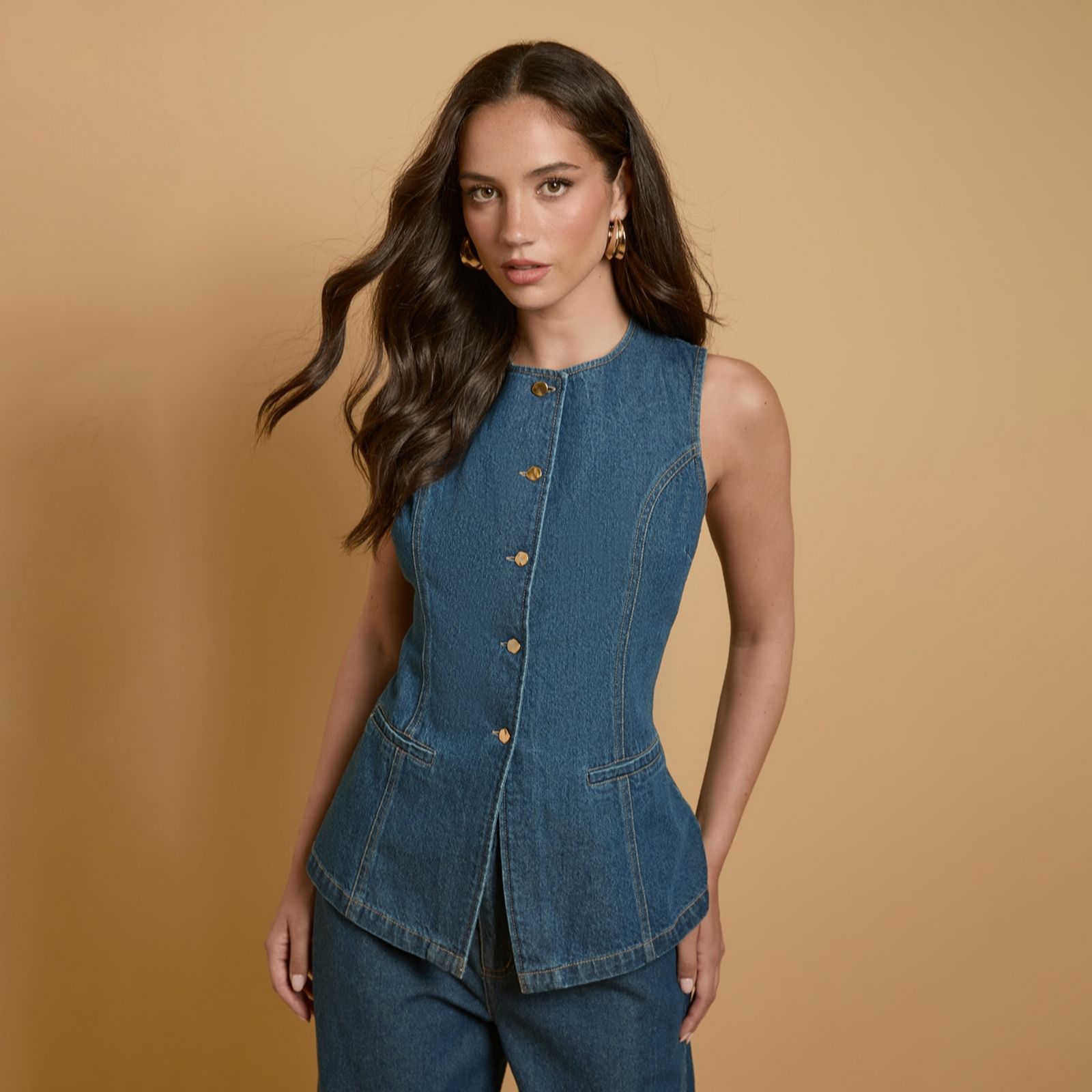 Oasis 100% Cotton Fitted Denim Waistcoat Top women's