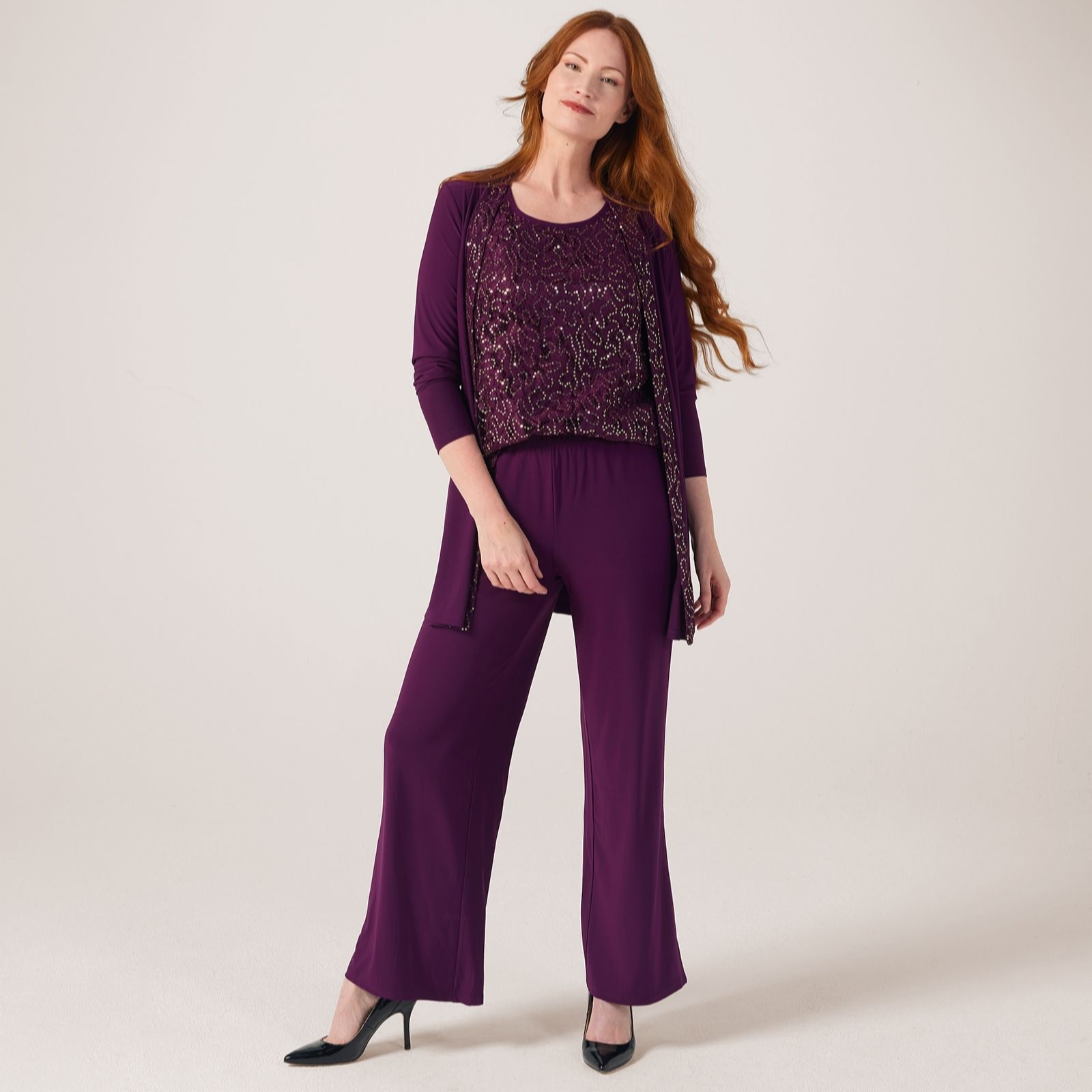 Nina Leonard Black 3 Piece Set Cardigan,Tank Top & Trousers With Lace