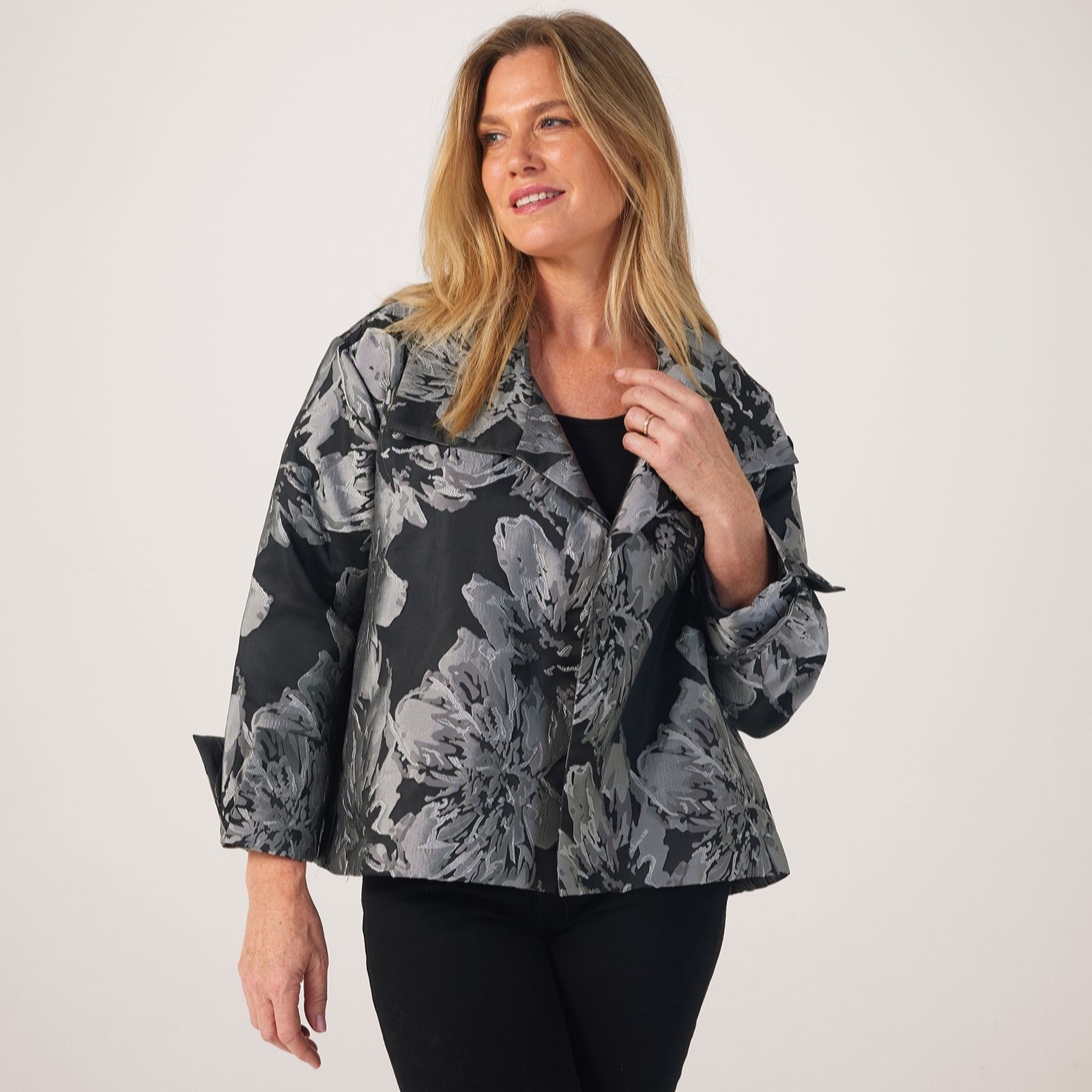 Marlawynne Women's Black,Silver Collection Floral Jacquard Swing Light Jacket