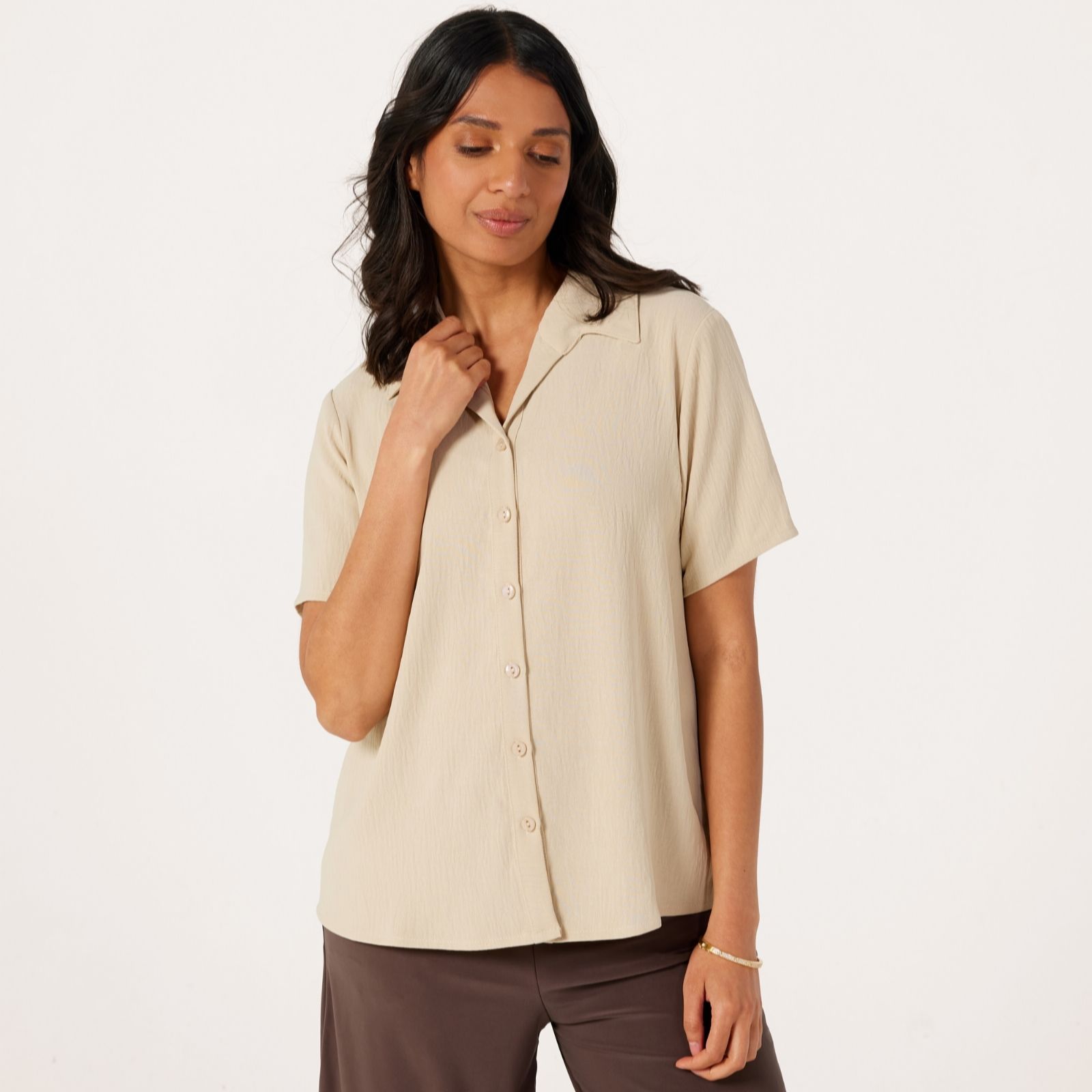 Kim & Co Ecru Crinkle Poplin Short Sleeve Sophia Relaxed Shirt