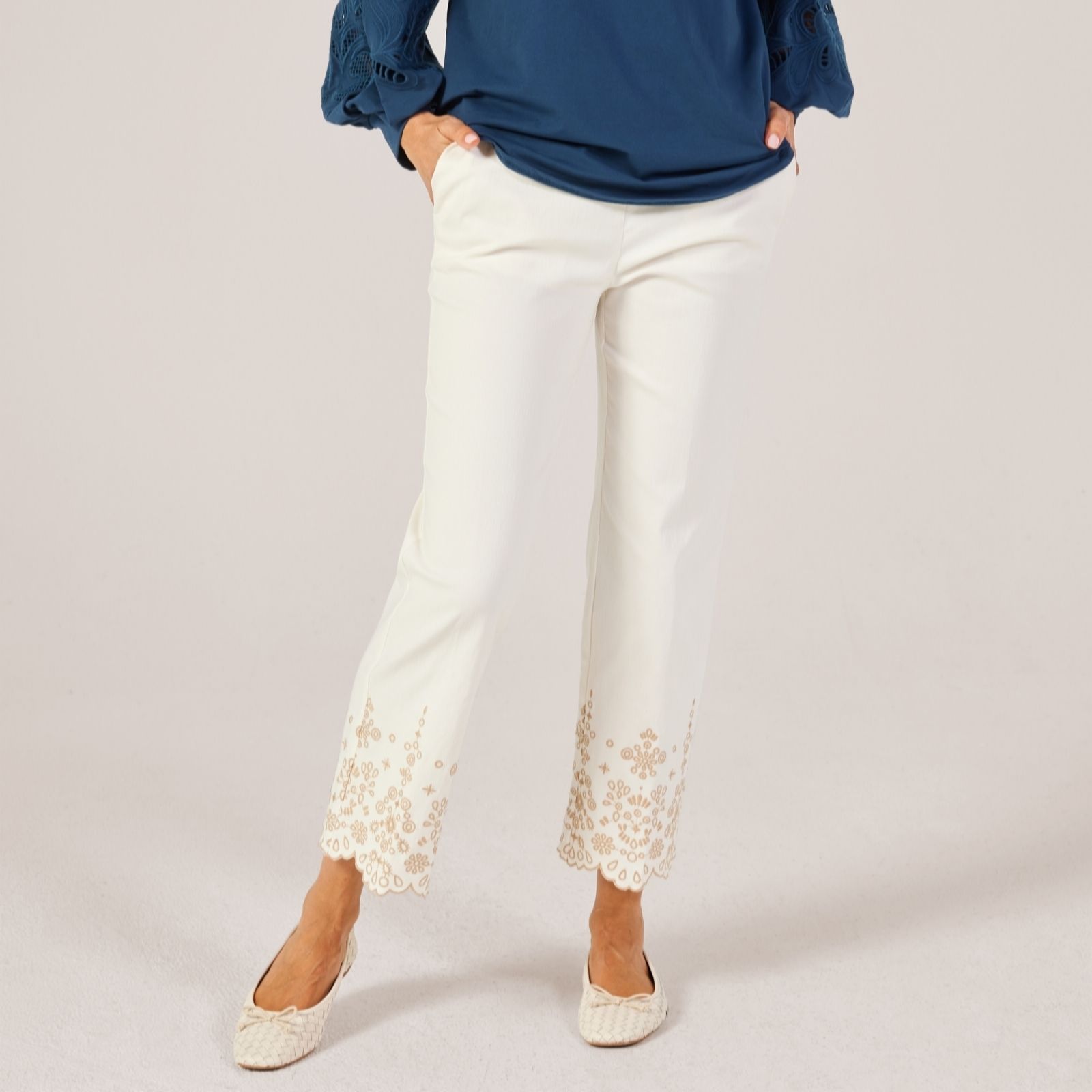 Marlawynne Women's Black Soft Sand Collection Flatterfit Embroidered Pant Petite