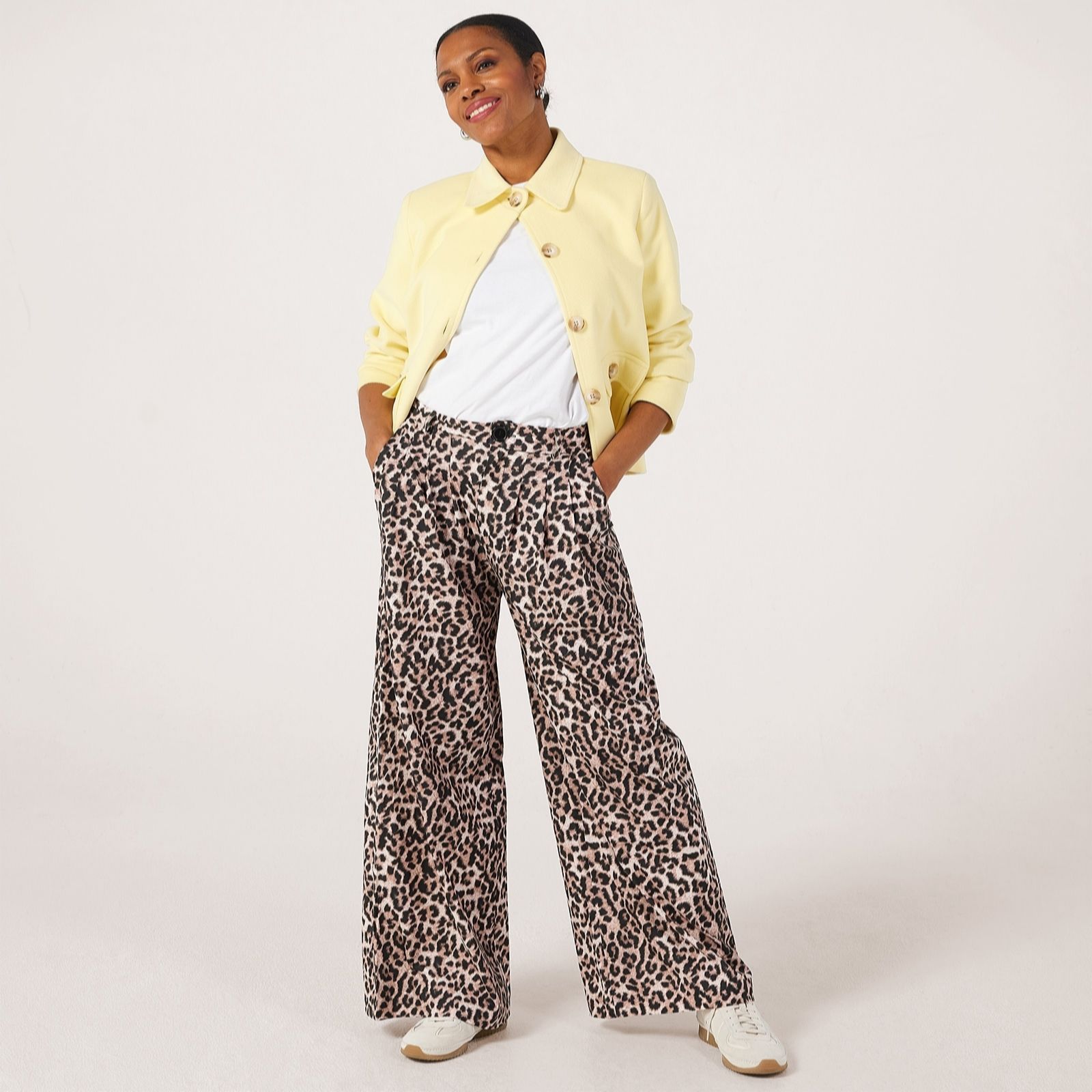 Helene Berman Cotton Stretch Front Pleat Wide Leg Tousers women's