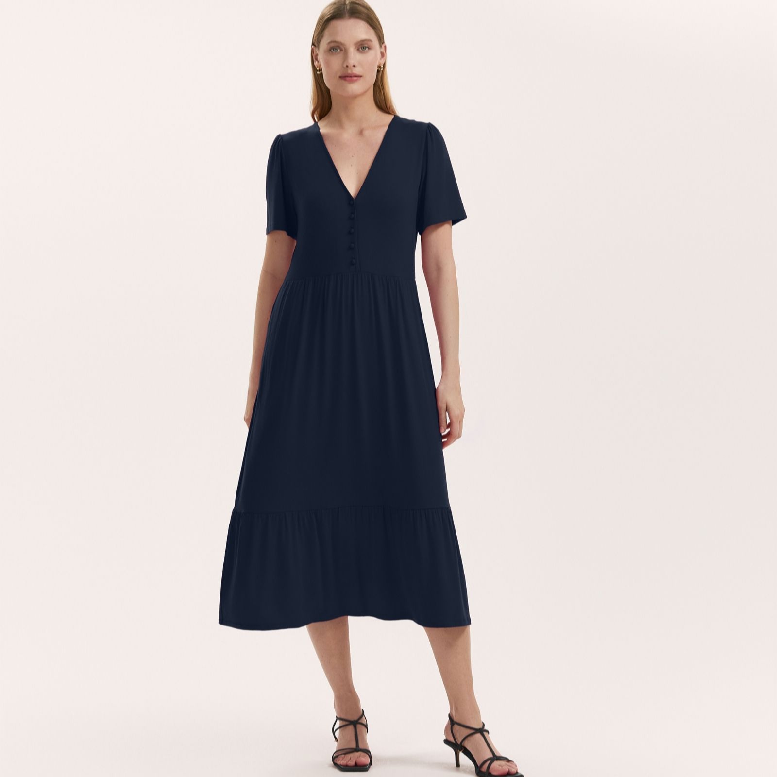 Finery Khaki London Edith Viscose Jersey Stretch Dress With Buttons