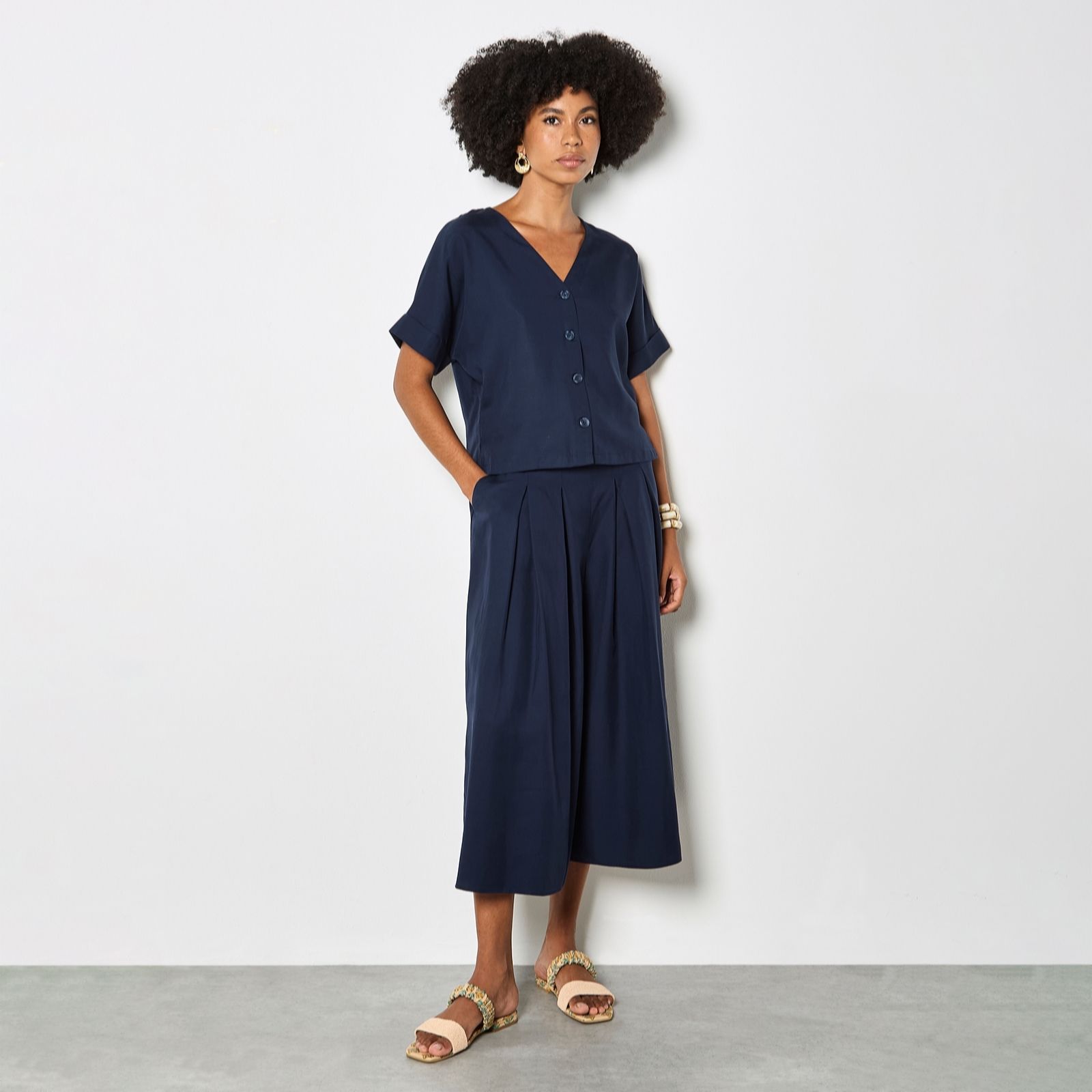 Apricot Navy Linen Mix Wide Leg Pleated Trousers