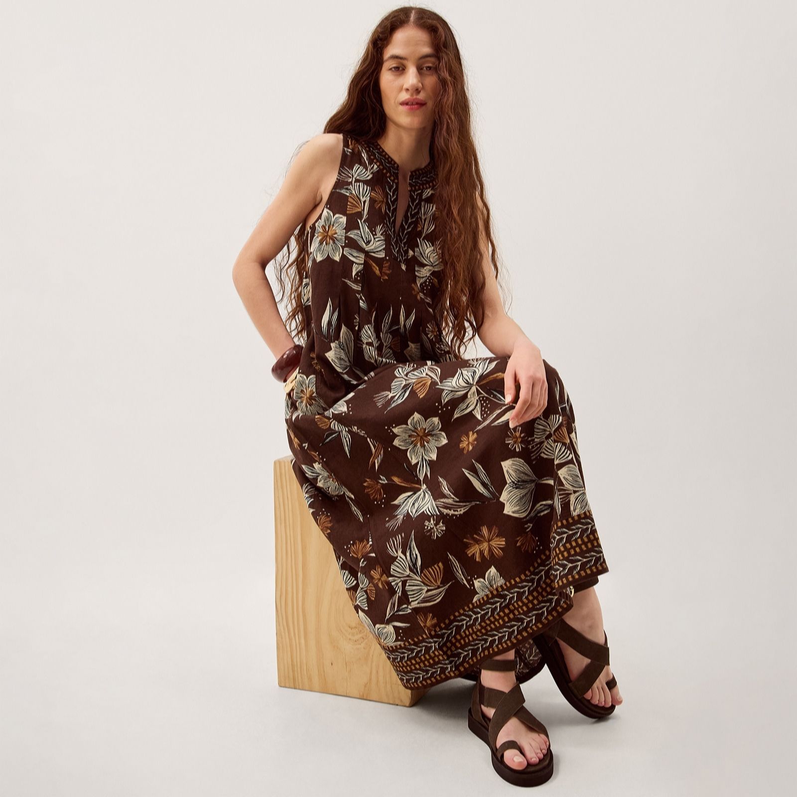 Monsoon Chocolate Esther Printed Linen Blend Dress