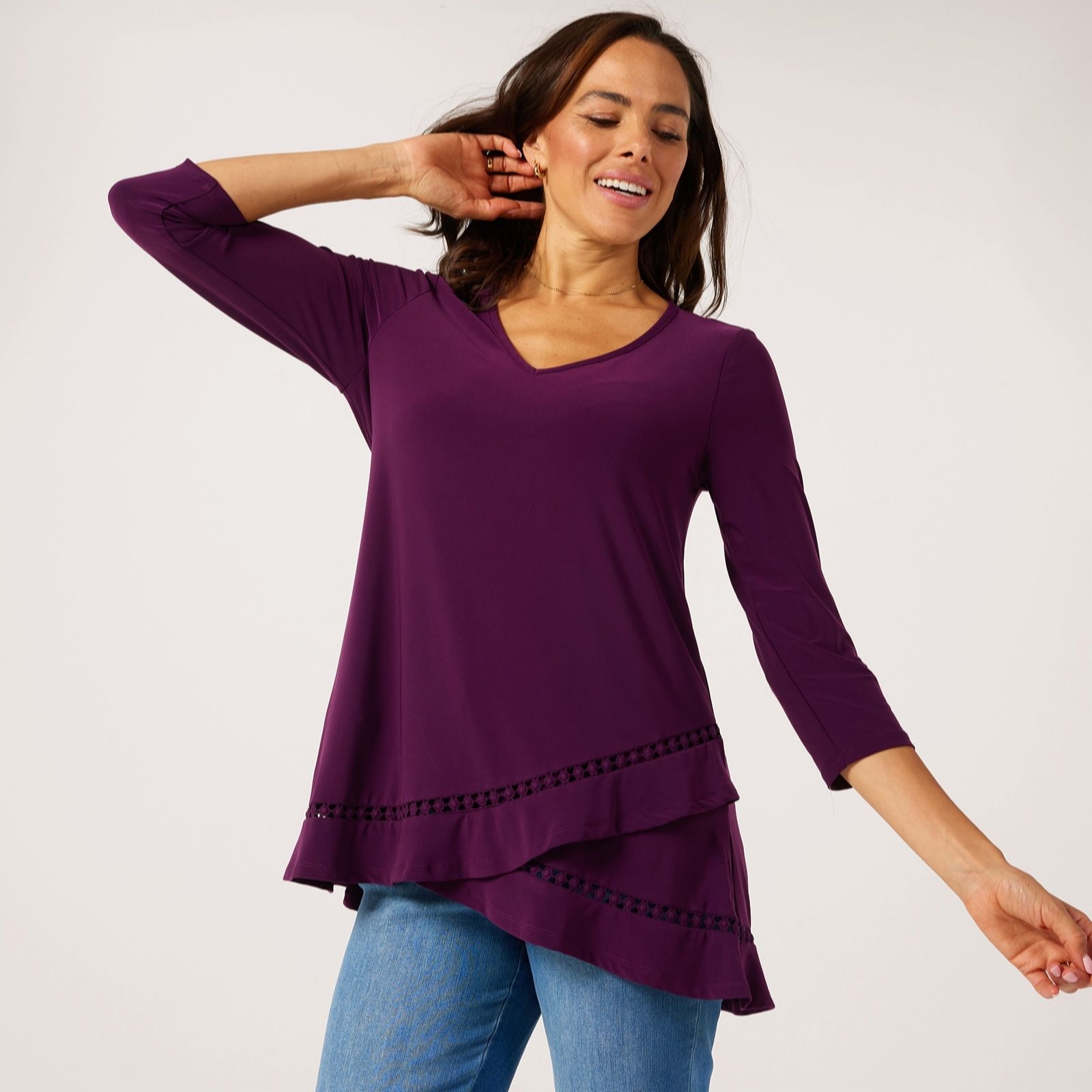 Nina Leonard Black 3/4 Sleeve V Neck High Low Tulip Hem Tunic