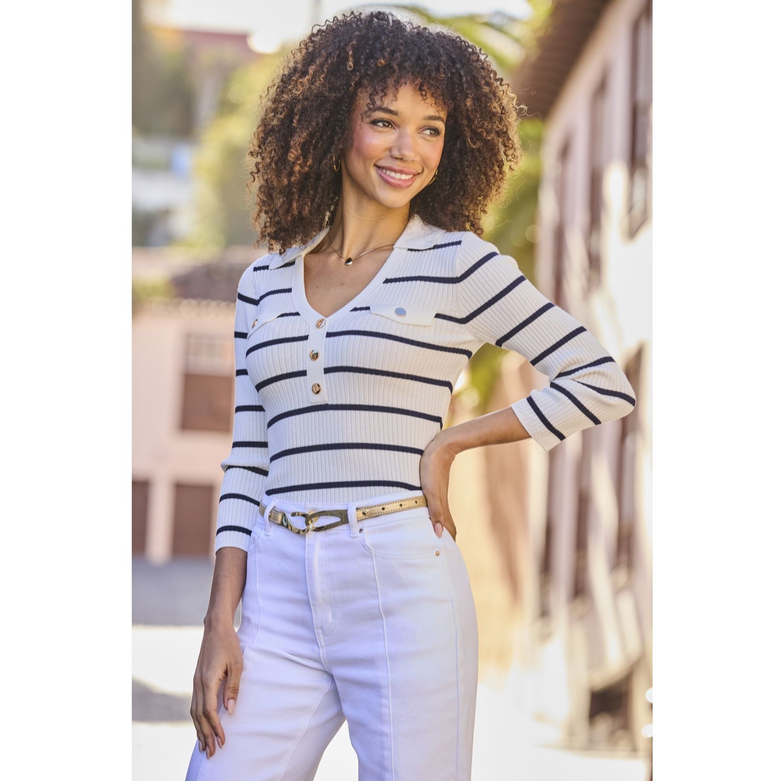 Sosandar Ivory & Navy Stripe V Neck Collar Knitted Rib Top women's