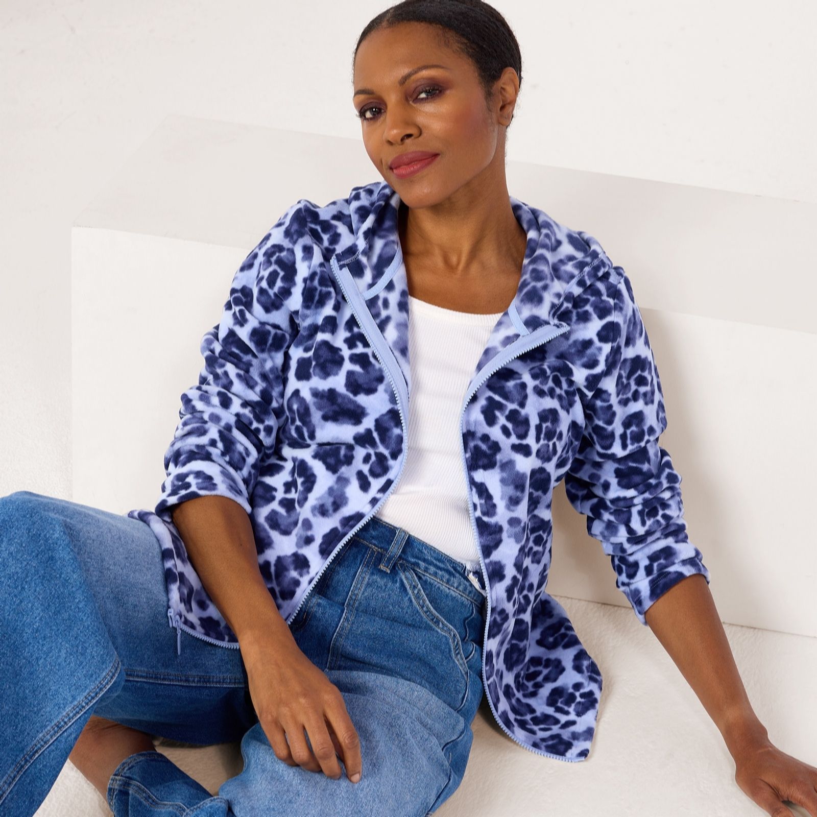 Denim & Co. Printed Fleece Zip Front Hooded Top women's