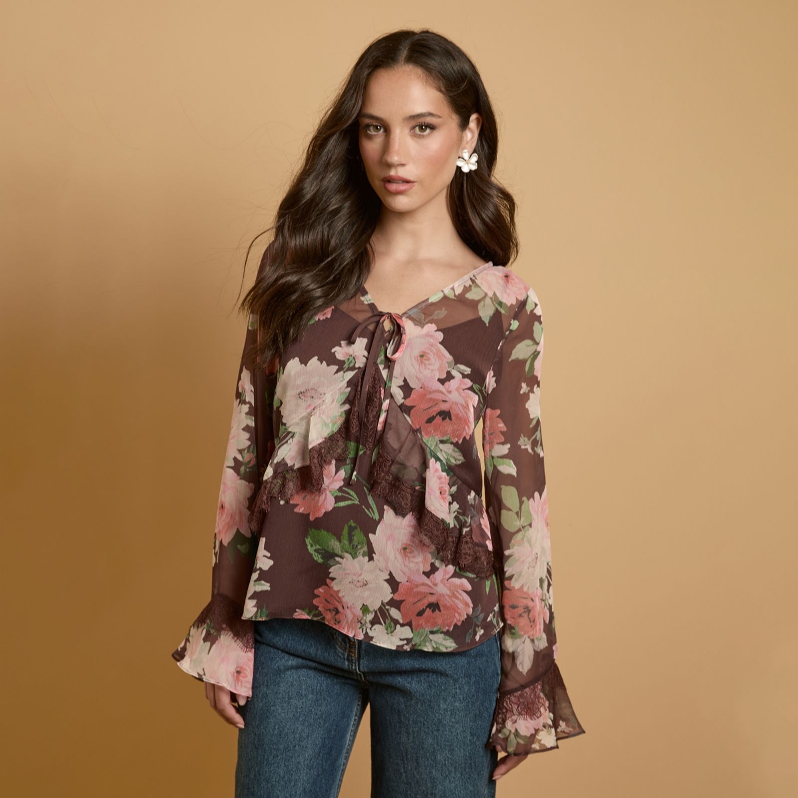 Oasis Printed Fluted Sleeve Lace Trim Blouse women's