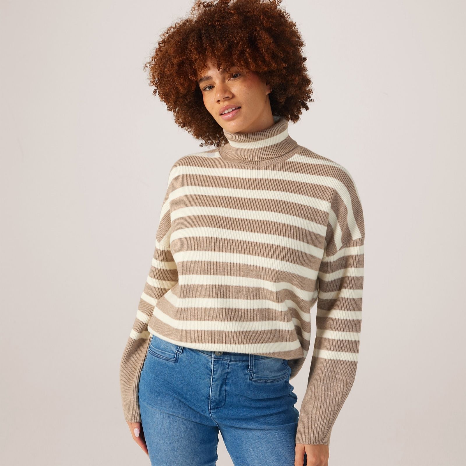 Marlawynne Black Creme Collection Softknit Turtle Neck Stripe Knit Jumper