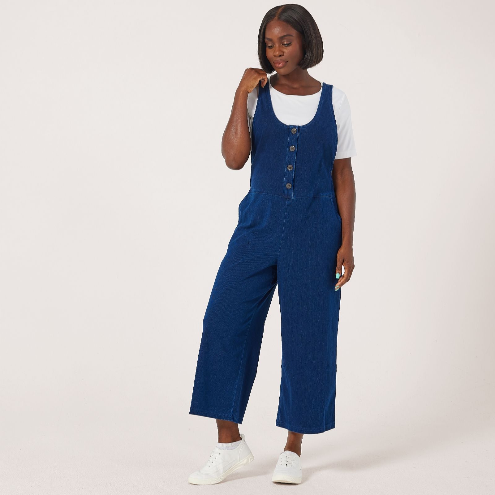 Denim & Co. Dark Indigo Denim & Co Comfy Knit Denim Dungaree Petite