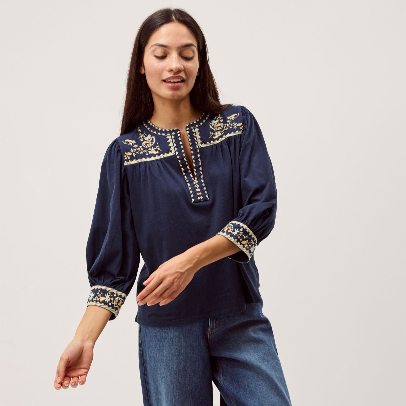 Monsoon Navy Emi Embroidered Jersey Blouse