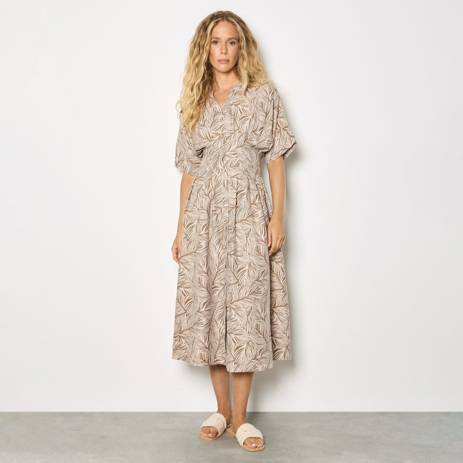 Apricot Blue Leaf Print Midi Shirt Dress