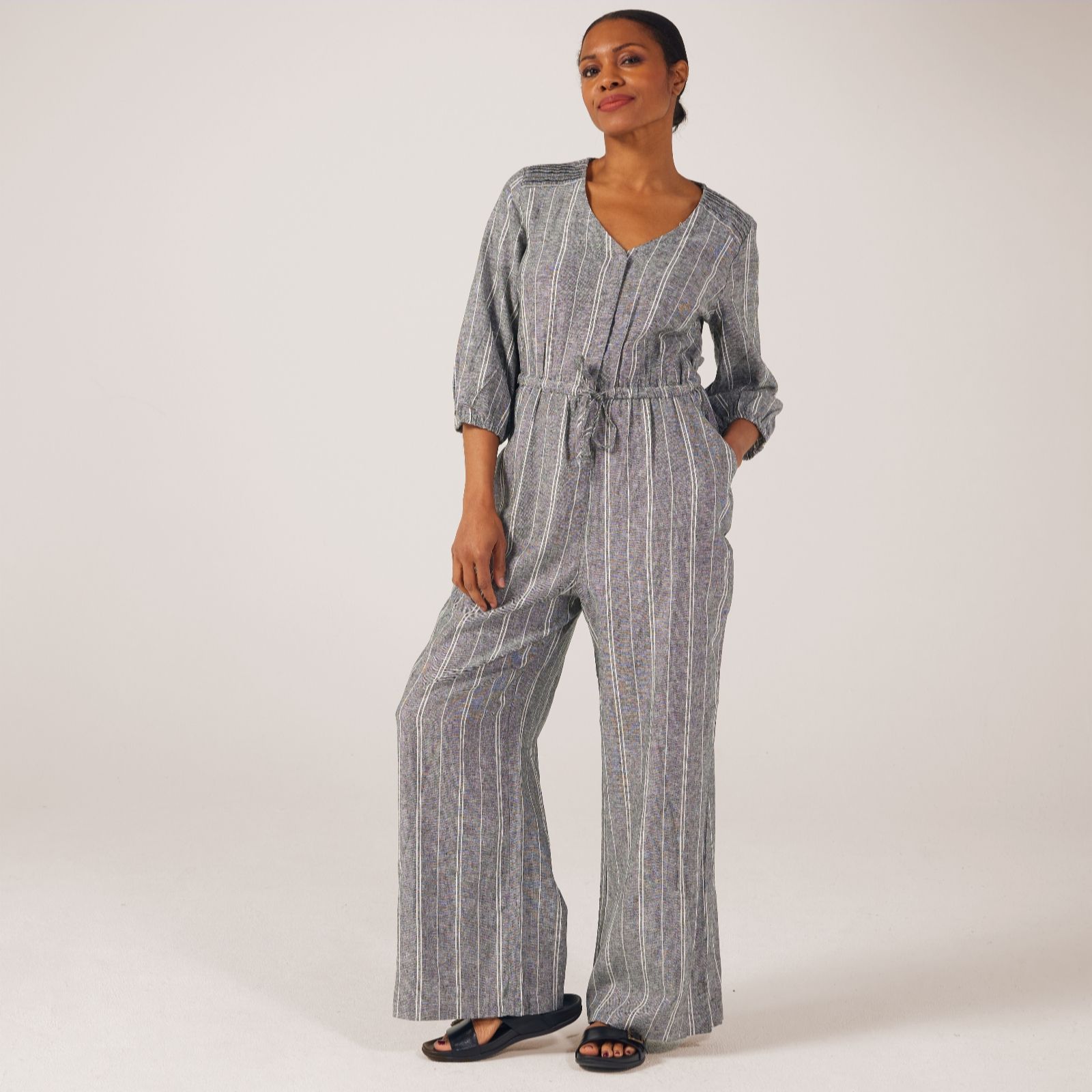 Denim & Co Linen Blend Stripe Jumpsuit