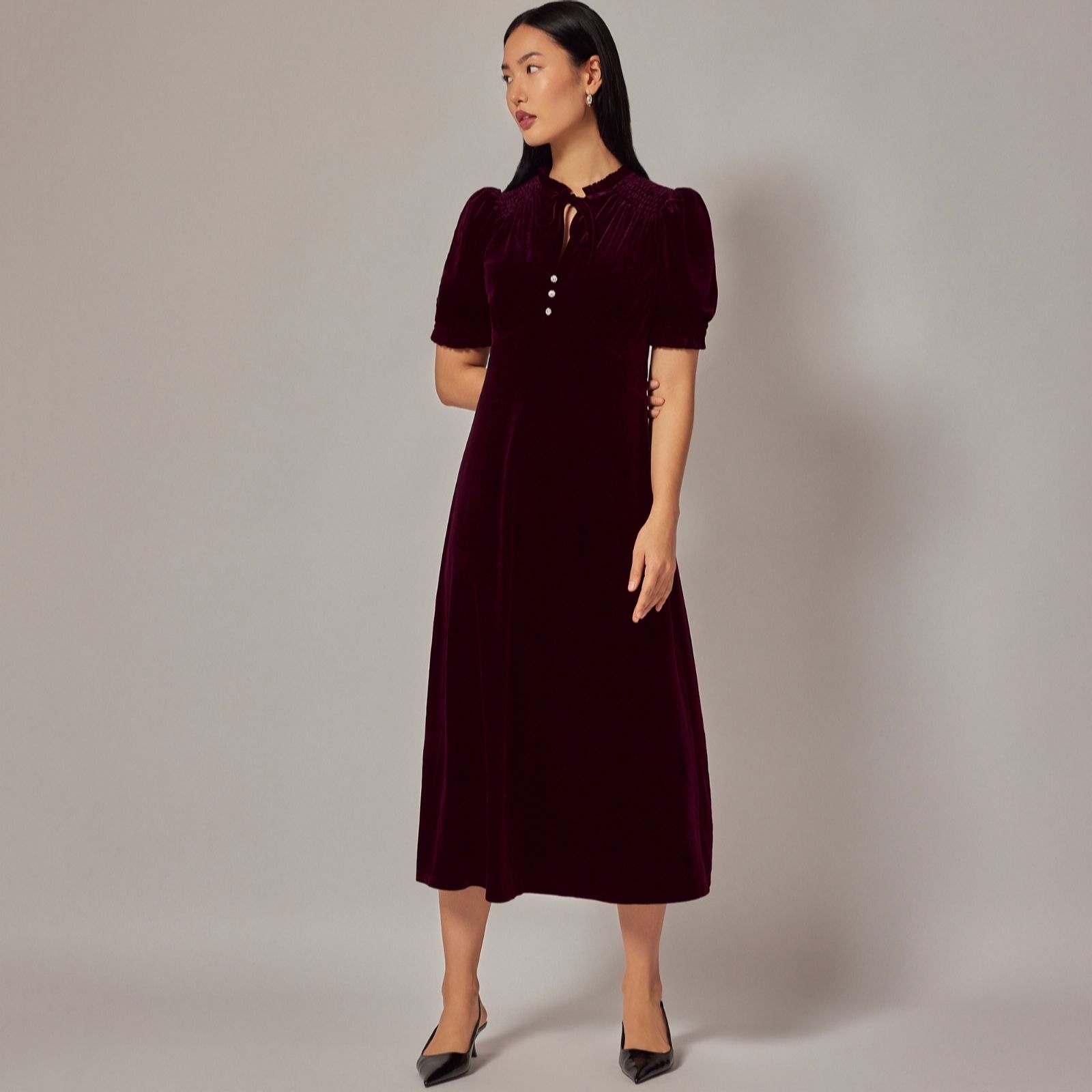 Finery London Olympia Crystal Button Velvet Midi Dress