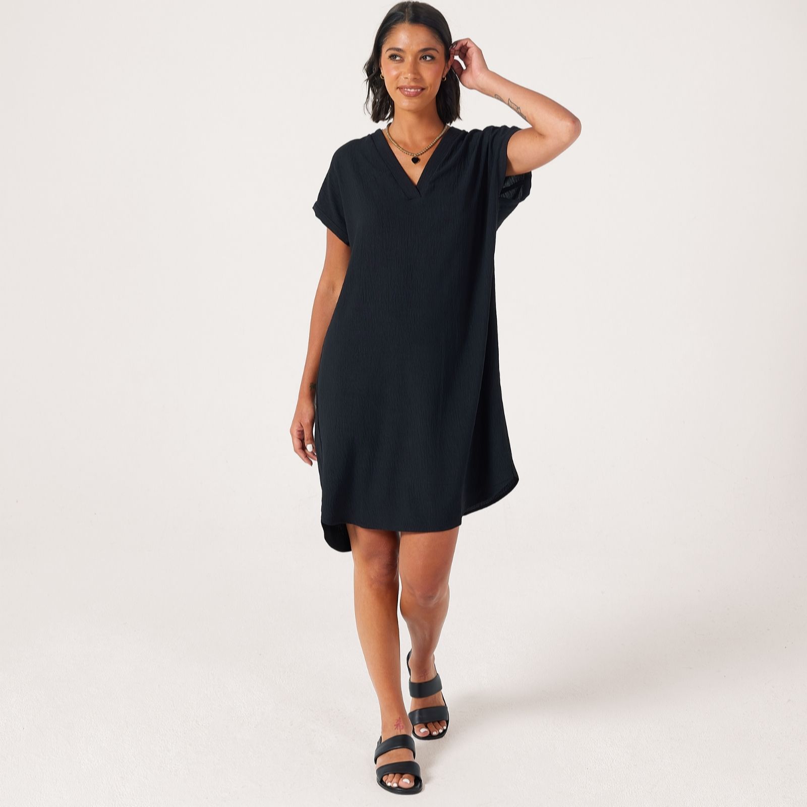 Kim & Co Black,Sand Crinkle Poplin Short Dolman Sleeve Dress