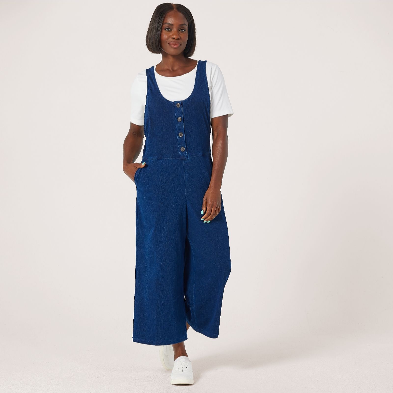 Denim & Co. Dark Indigo Comfy Knit Denim Dungaree Standard