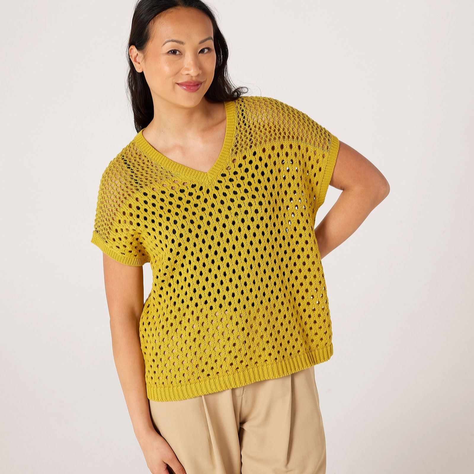 Marlawynne Women's Black Layers Mixed Mesh Knit Short Sleeve Jumper