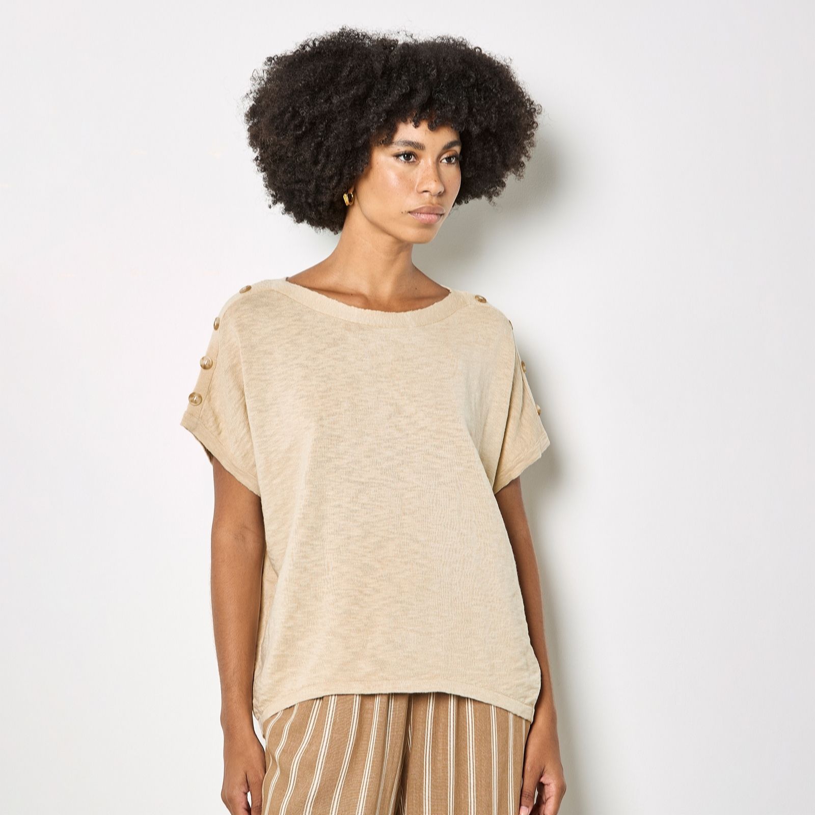 Apricot Blue Button Detail Slub Tee