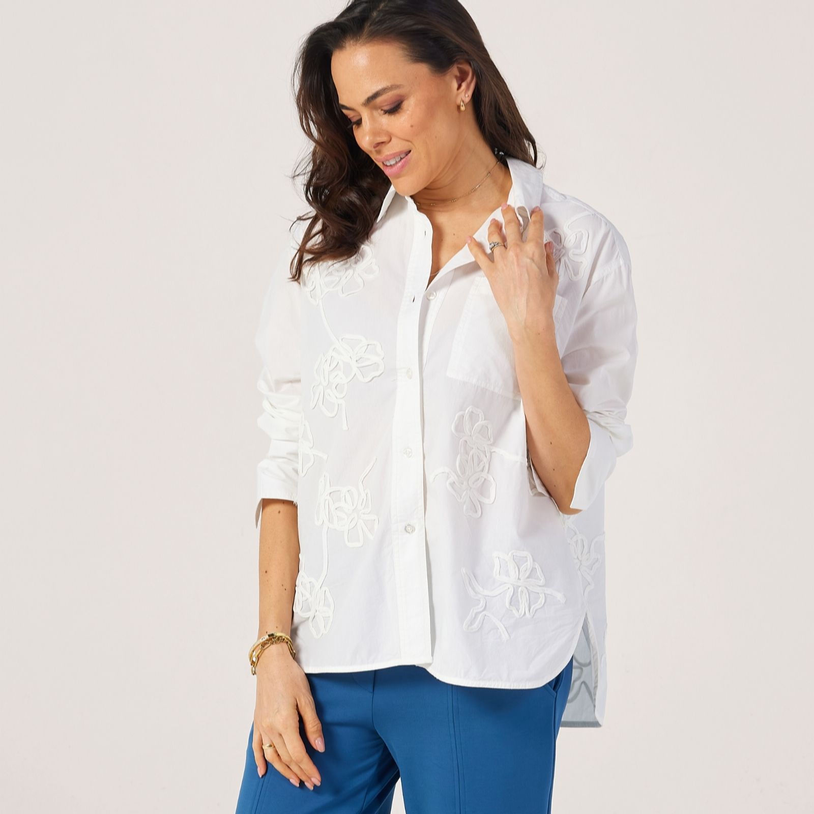 Masai Copenhagen Blue Iloria 100% Cotton Embroidered Flower Shirt