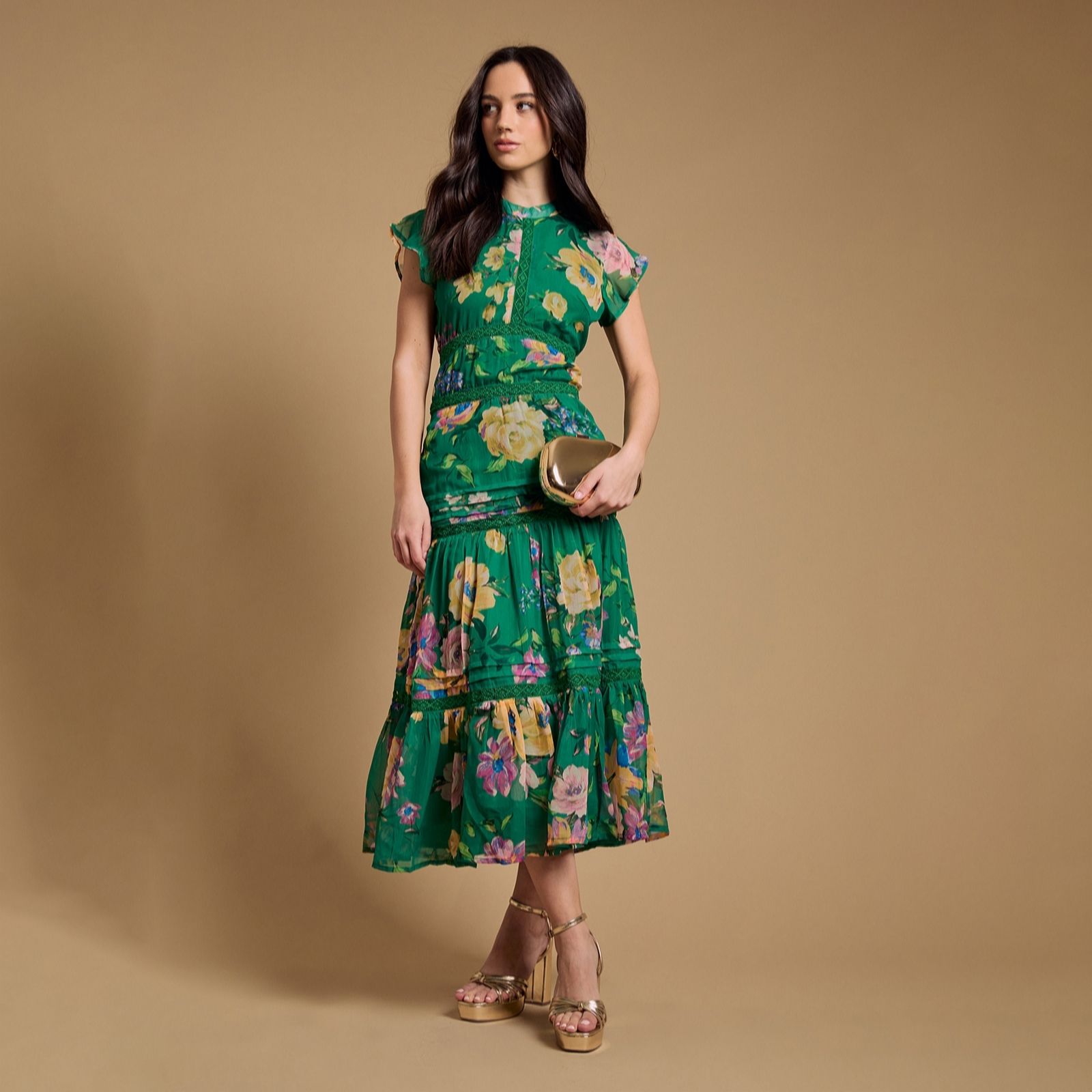 Oasis Chiffon Lace Insert Midi Dress women's