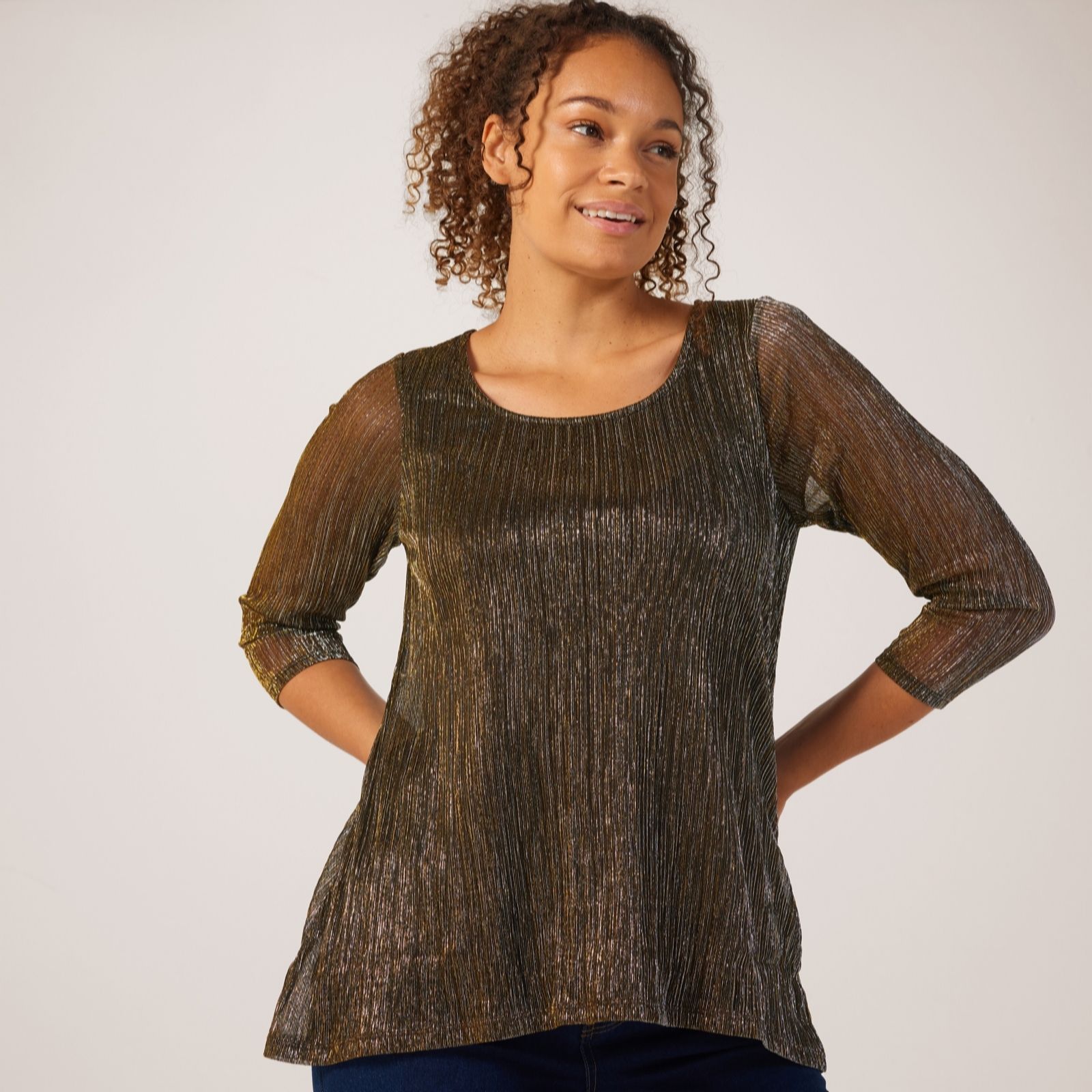 Nina Leonard Bronze,Chocolate 3/4 Sleeve Tunic With Overlay