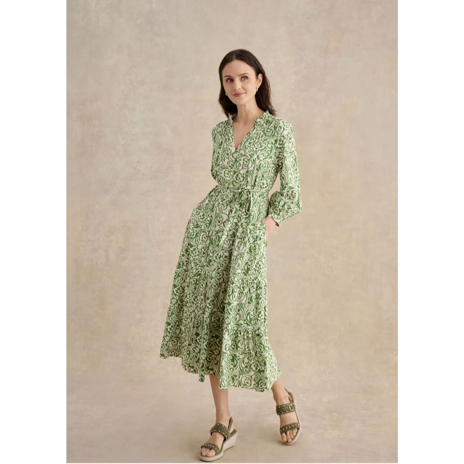 Hobbs London Green Cream Amaris Cotton Blend Dress