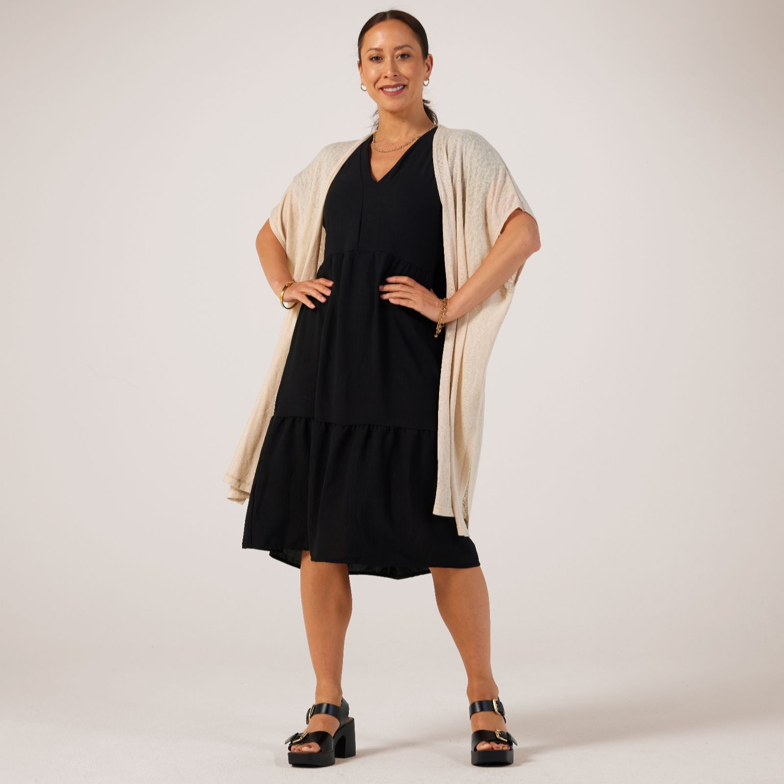 Kim & Co Black Short Sleeve Crinkle Poplin Tiered Dress Petite