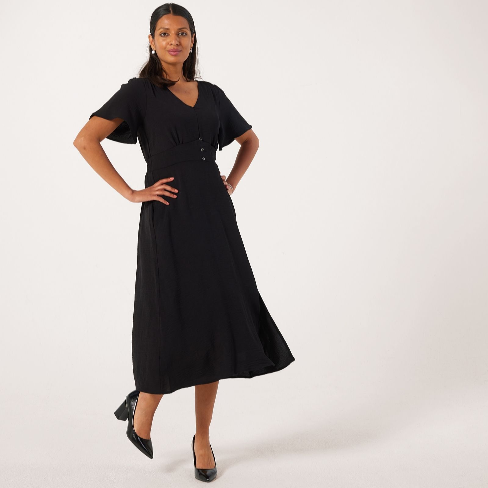 Nina Leonard Black Flutter Sleeve V Neck Midi Textured Wave Dress