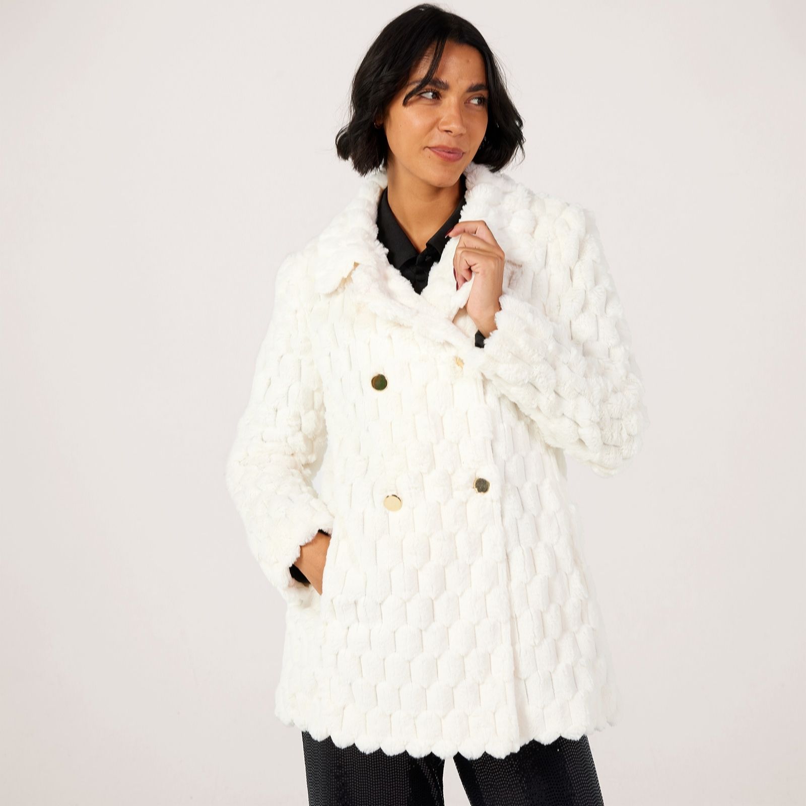 Helene Berman Black Texture Faux Fur Double Breasted Coat