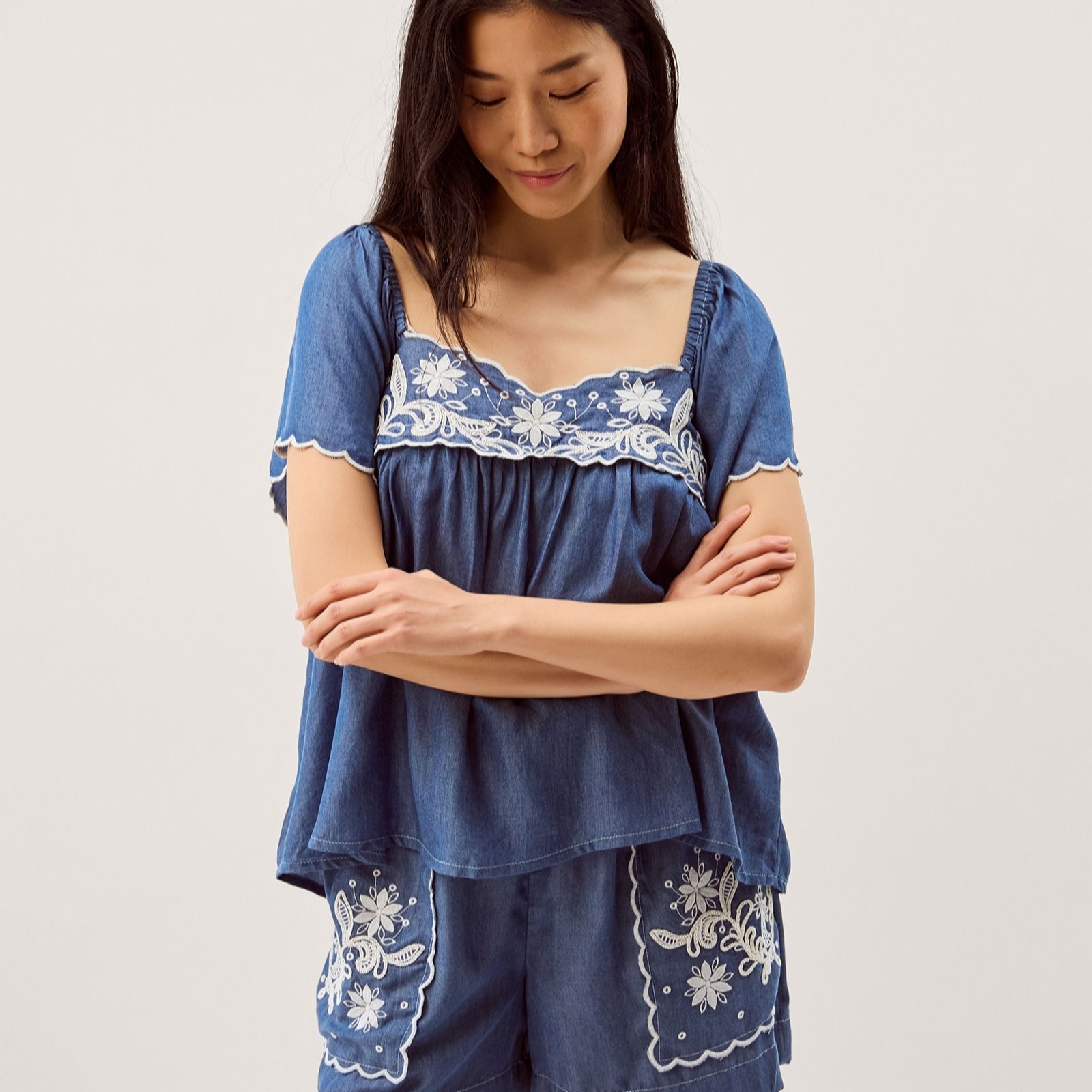 Monsoon Denim Blue Isla Embroidered Top