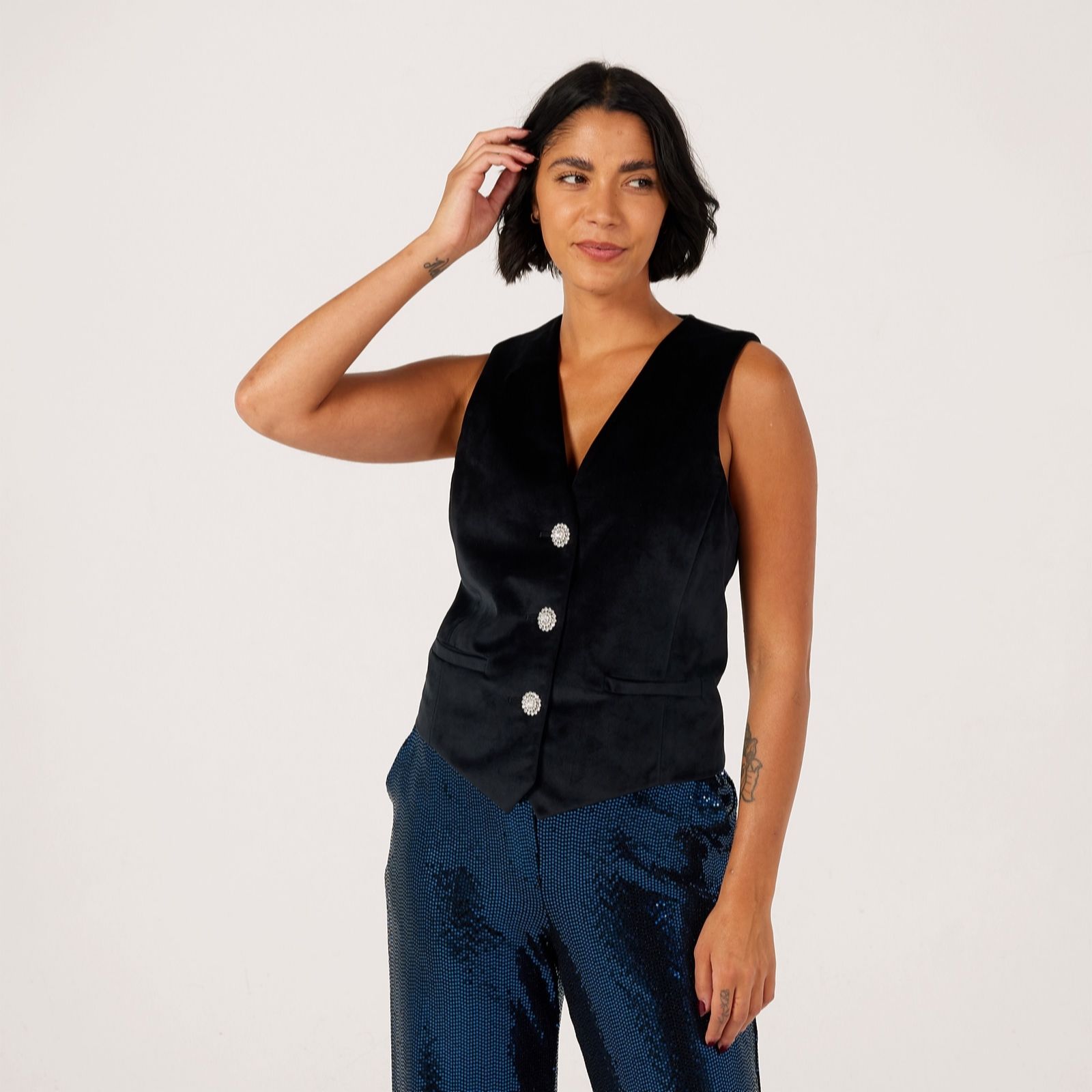 Helene Berman Black Velvet Waistcoat With Crystal Buttons